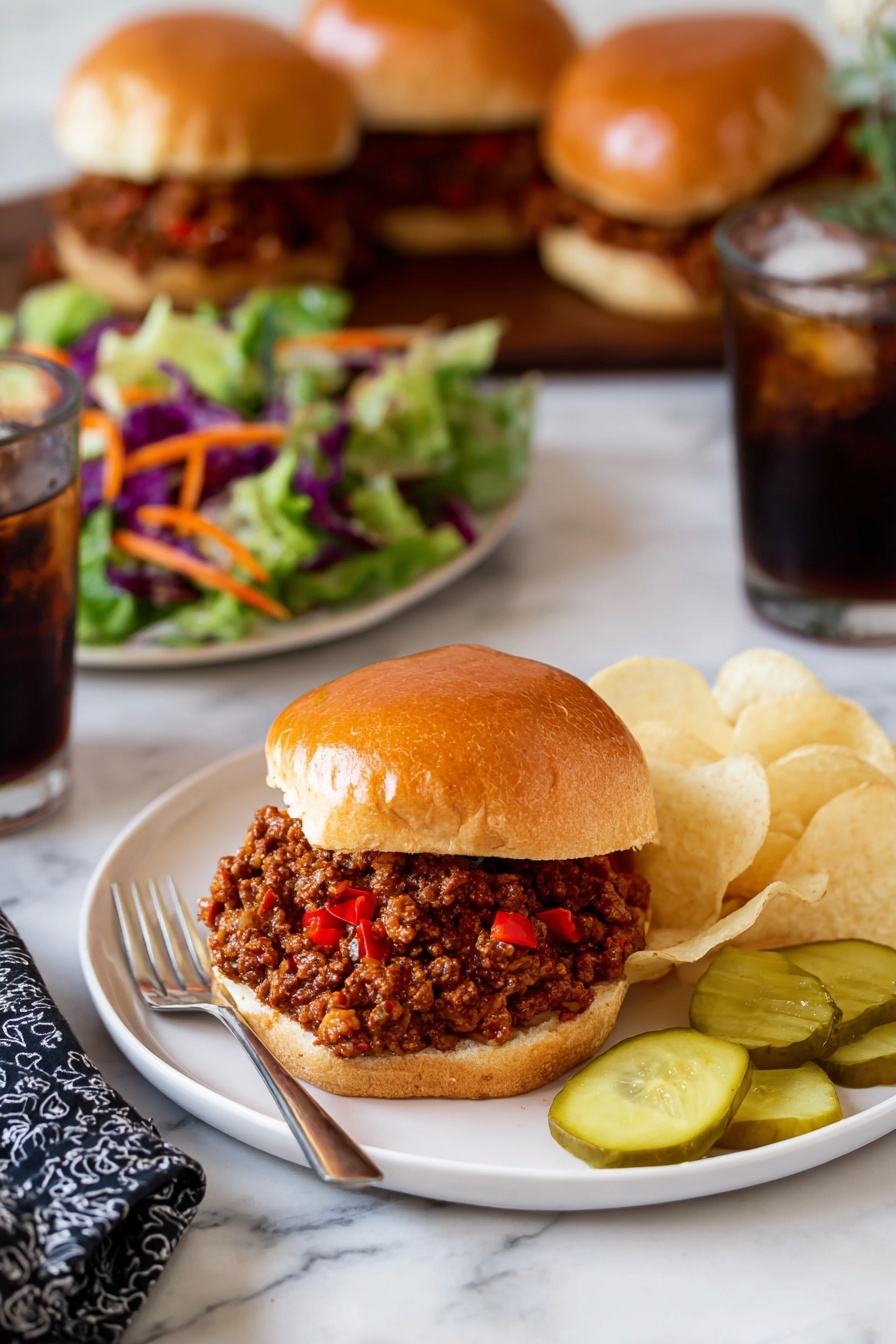 Quick and Tasty Sloppy Joes, easy sloppy joe recipe, flavorful sloppy joe sandwich, quick ground beef dinner, family-friendly sloppy joe - The image shows a white plate on a white marbled surface. The plate holds a sandwich with a shiny, golden brown top bun and a thick layer of minced meat mixed with small pieces of red peppers in the middle. To the right of the sandwich, there are light golden potato chips and three round slices of green pickles. To the left of the sandwich, there is a colorful salad with green lettuce, purple cabbage, and orange carrot shreds, with a fork resting on the plate. In the background, there are more sandwiches of the same kind and a glass of dark soda with ice. A dark patterned napkin is partially seen near the plate. Photo taken with an iphone --ar 2:3 --v 7