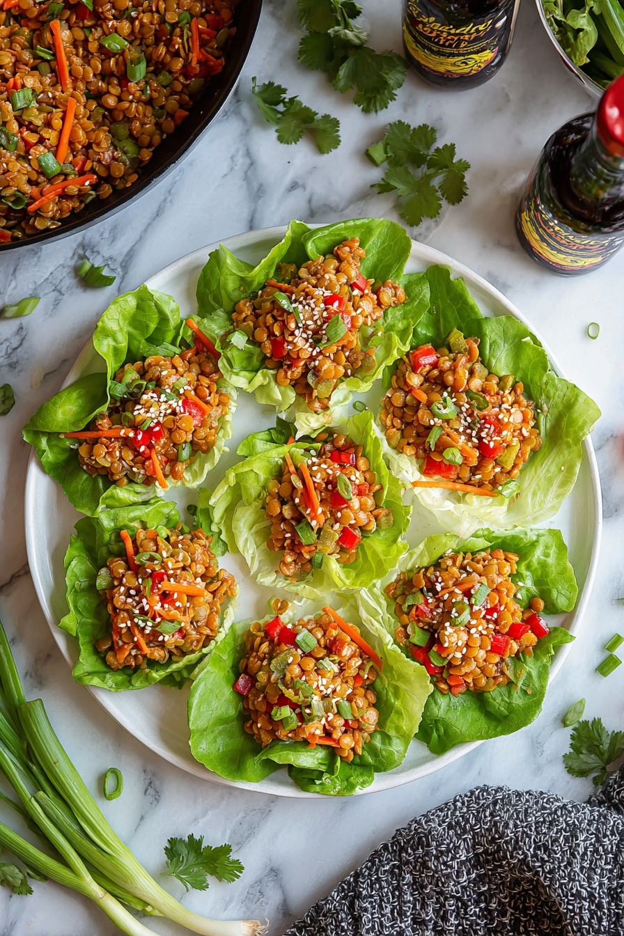 Asian Lentil Lettuce Wraps, healthy Asian lettuce wraps, vegan lentil wraps, quick vegetarian appetizer, flavorful lettuce wraps - The image shows six fresh green lettuce cups arranged on a white plate with a white marbled surface underneath. Each lettuce cup forms a leafy bowl that holds a filling composed of different colored ingredients: light brown lentils, small pieces of red bell pepper, thin orange carrot strips, chopped green herbs, and some white sesame seeds sprinkled on top. The lettuce leaves appear crisp and bright green with a soft texture, curling slightly around the filling. Scattered pieces of green herbs and sesame seeds lie around the plate on the white marbled surface, contributing to a fresh and clean look. Behind the plate, the blurred background adds depth with a dark cloth and a pan partially visible. No woman’s hand is visible in this image. Photo taken with an iphone --ar 2:3 --v 7