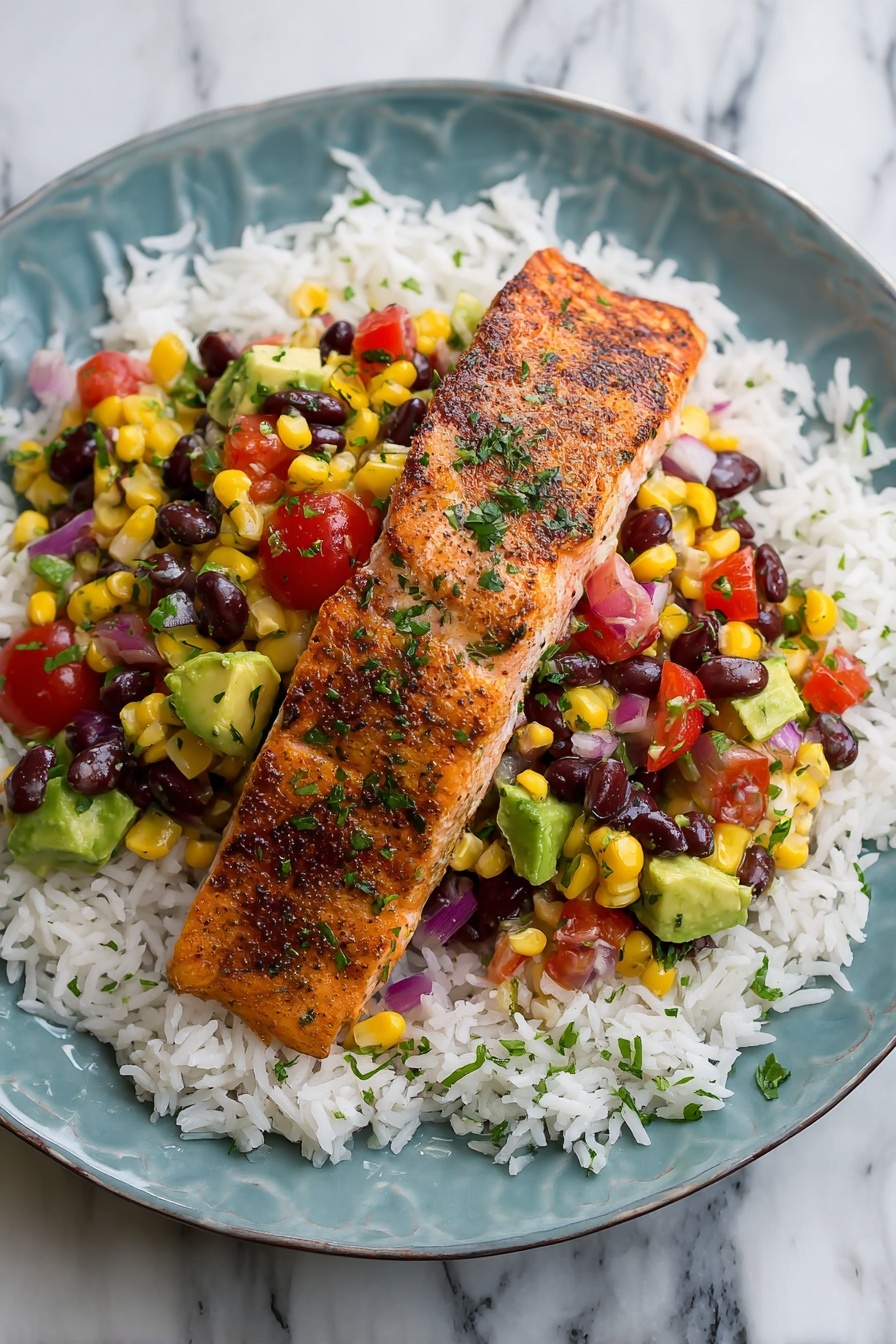 Broiled Lime Honey Salmon, citrus honey glazed salmon, quick healthy salmon dinner, easy broiled salmon recipe, flavorful salmon mains - A white plate holds three layers: the bottom layer is fluffy white rice, spread evenly; on top of the rice is a colorful salsa with bright yellow corn, black beans, red cherry tomato pieces, green avocado chunks, and small bits of red onion, giving a fresh and mixed texture; the top layer is a large, grilled salmon fillet with a golden brown crust and some green herbs sprinkled on it. A silver fork rests on the right side of the plate on a white marbled surface photo taken with an iphone --ar 2:3 --v 7