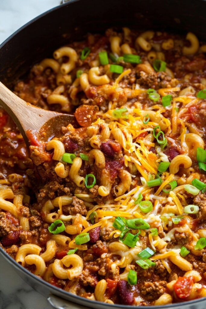 Chili Mac with Ground Beef and Cheddar Recipe