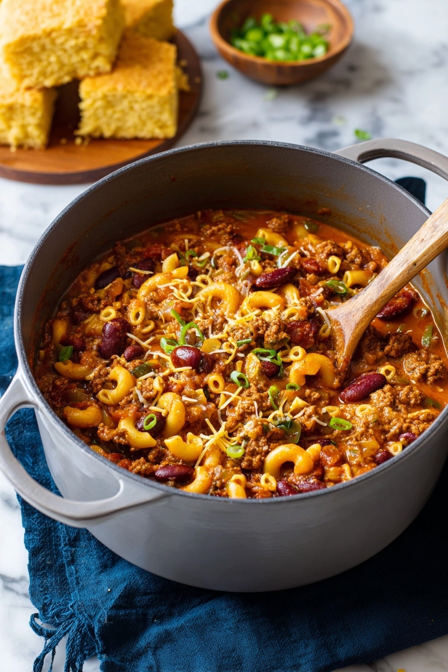 Chili Mac with Ground Beef and Cheddar, hearty chili mac recipe, easy beef pasta dinner, comforting ground beef casserole, cheesy chili mac dish - Two white bowls filled with a thick, hearty chili made of beef, kidney beans, macaroni pasta, and small red and green pepper pieces in a rich reddish-brown sauce, topped with shredded yellow and white cheese and chopped green onions. One bowl has a spoon inside, resting on a blue cloth that is spread on a white marbled surface. To the right, there is a wooden plate holding several square pieces of golden-yellow cornbread. A broken piece of cornbread lies on the cloth near the plate with a few crumbs around it. Near the top left of the image, a small bowl of chopped green onions is visible. photo taken with an iphone --ar 2:3 --v 7
