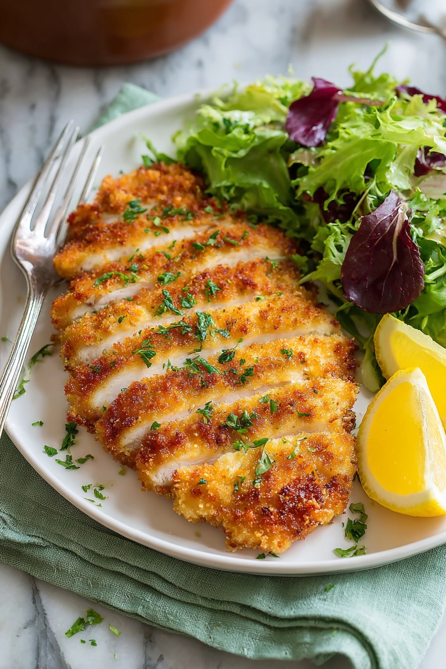 Crispy Chicken Schnitzel, crispy chicken schnitzel, golden chicken schnitzel, easy chicken schnitzel, best schnitzel recipe - A white oval plate holds four breaded pieces of golden brown fried chicken arranged slightly overlapping. The crispy texture is visible with small crunchy bits all over. Chopped green parsley is sprinkled on top evenly. Around the chicken, there are four lemon wedges placed on the plate edges. The plate rests on a light blue cloth with fresh green parsley sprigs nearby. In the background, there are dark wooden salt and pepper shakers, and a fork and spoon lie nearby on a white marbled surface. photo taken with an iphone --ar 2:3 --v 7
