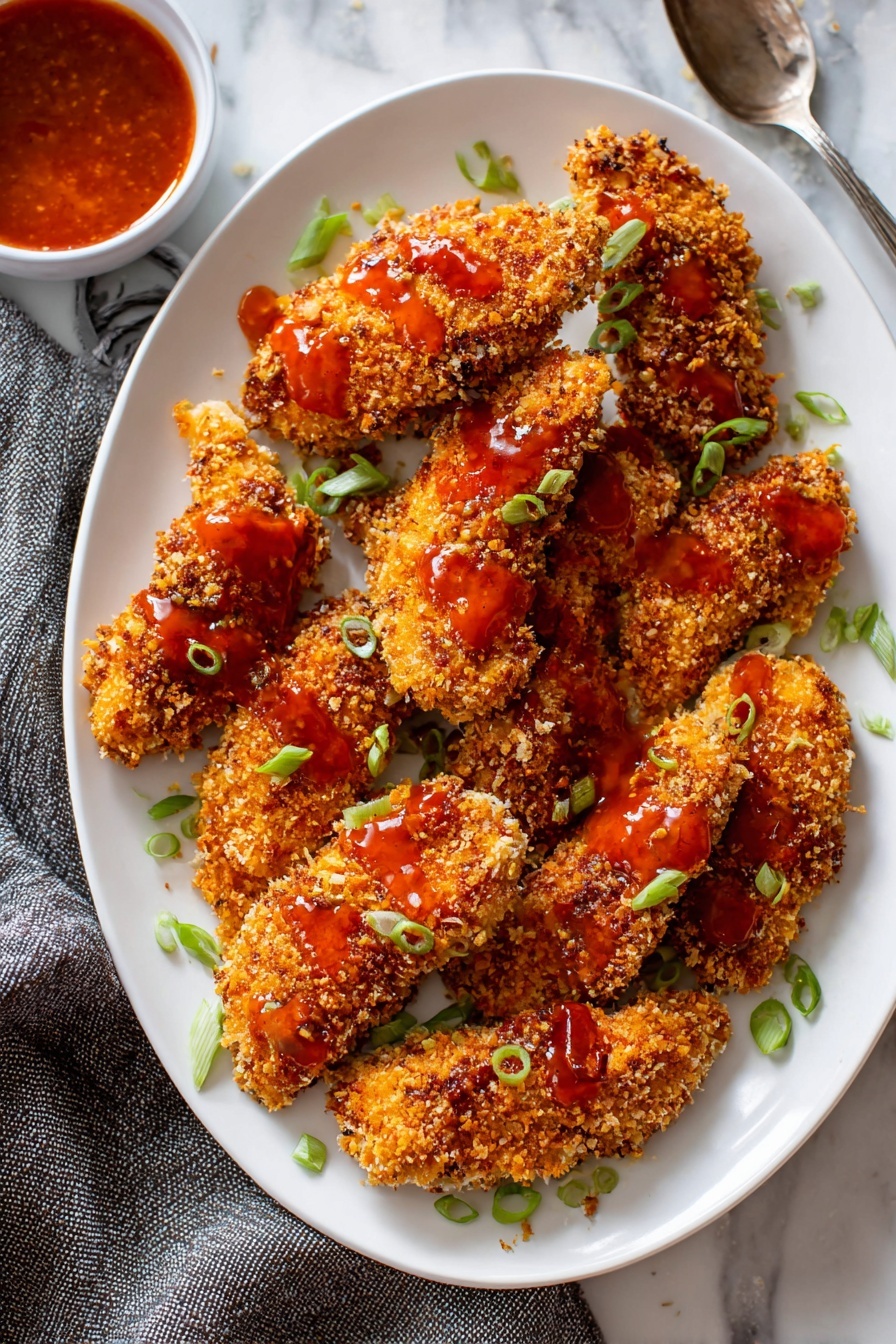 Hot Honey Chicken Strips, spicy honey chicken, crispy chicken strips with honey, easy hot honey chicken recipe, homemade hot honey chicken - The image shows a metal baking tray with a wire rack on top, holding twelve pieces of golden brown, crunchy breaded chicken strips. Each piece has a rough, textured surface with a crispy crumb coating that varies slightly in shade from light to darker golden brown. The chicken strips are arranged in three uneven rows on the rack, with some small crumbs scattered around them. The tray is placed on a white marbled surface. photo taken with an iphone --ar 2:3 --v 7