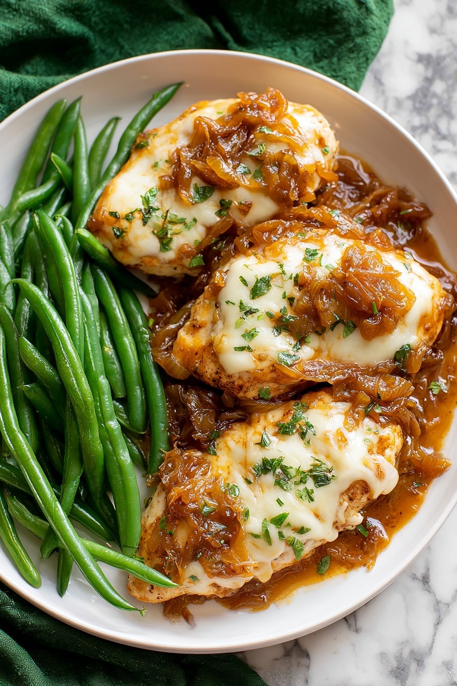 French Onion Chicken Bake, French Onion Chicken, Chicken Bake with Caramelized Onions, Easy French Onion Chicken, Comfort Food Chicken Bake - The dish shows three pieces of cooked chicken topped with a layer of melted white cheese sprinkled with small green herb leaves. The chicken sits in a thick brown sauce full of soft cooked onion pieces, filling the creamy off-white pan almost to the rim. The cheese is smooth and slightly glossy, covering most of each chicken piece, while the sauce looks rich and hearty with visible bits of onion and herbs mixed in. The scene is set on a white marbled surface, with a spoon and dark cloth partially visible in the background. photo taken with an iphone --ar 2:3 --v 7
