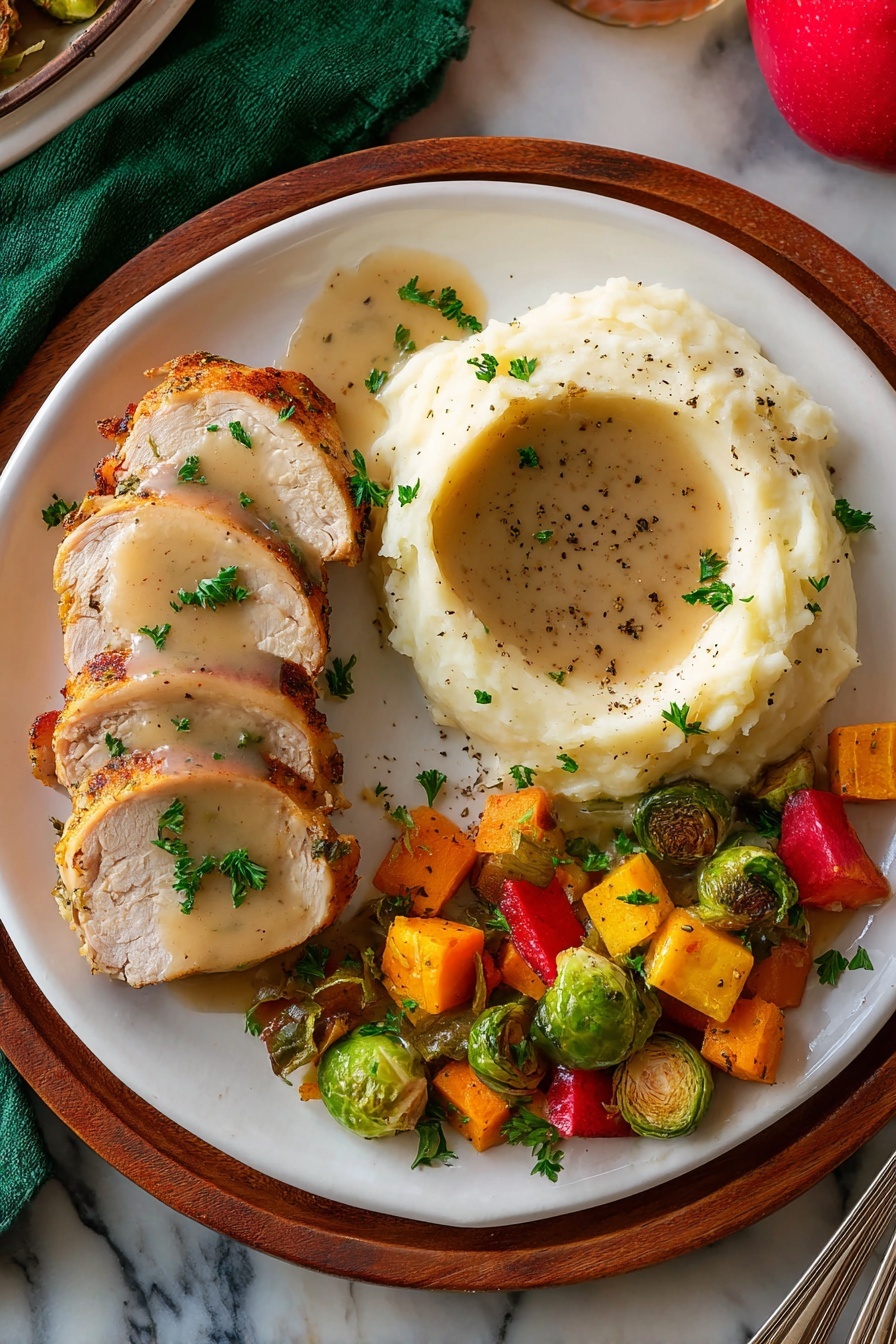 Juicy Roast Turkey Breast with Herb Butter, turkey breast with herb butter, moist turkey breast recipe, holiday turkey dinner, easy turkey breast roast - A white round plate holds two rows of sliced cooked chicken with a golden brown and herb-spiced skin on top and tender white meat inside. The slices are arranged in overlapping layers, showing juicy texture. Around the chicken are bright orange mandarin slices, yellow lemon wedges, deep red pomegranate pieces, and green parsley leaves for garnish. The plate is placed on a white marbled surface with a silver knife and fork nearby. The scene has a fresh and colorful look. photo taken with an iphone --ar 2:3 --v 7