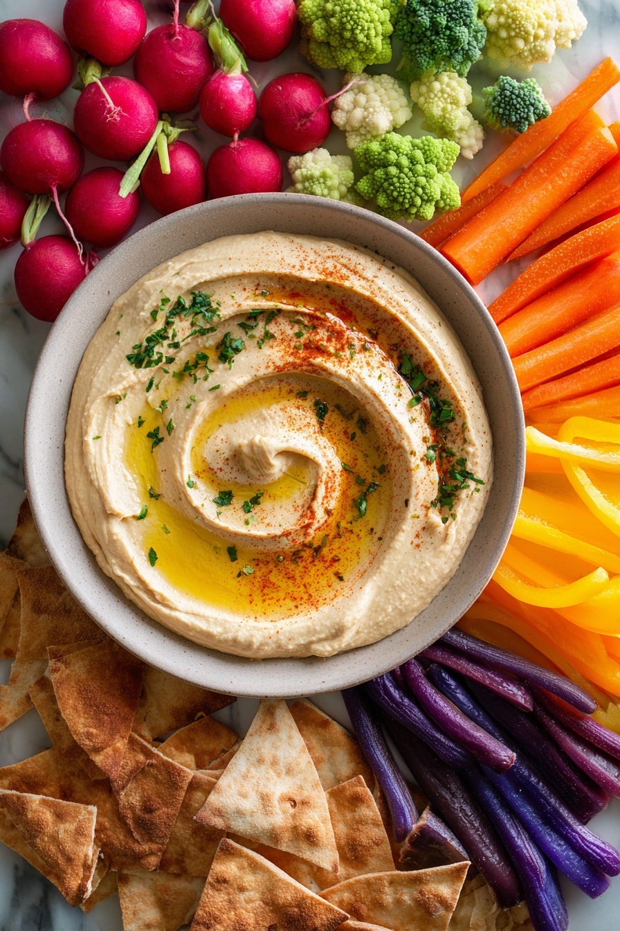 Creamy Chickpea Hummus, homemade hummus, easy vegan dip, healthy snack recipes, silky smooth hummus - A close-up image showing a woman's hand holding a small white pita bread triangle dipped in creamy beige hummus. The pita bread is lightly browned with soft dimples and a slightly rough texture. The hummus layer is thick and fluffy, with a drizzle of golden olive oil and a sprinkle of red paprika visible on the surface. In the blurred background, there is a white bowl filled with more hummus, swirled and decorated with olive oil and small green herb specks, all set on a white marbled surface. Photo taken with an iphone --ar 2:3 --v 7