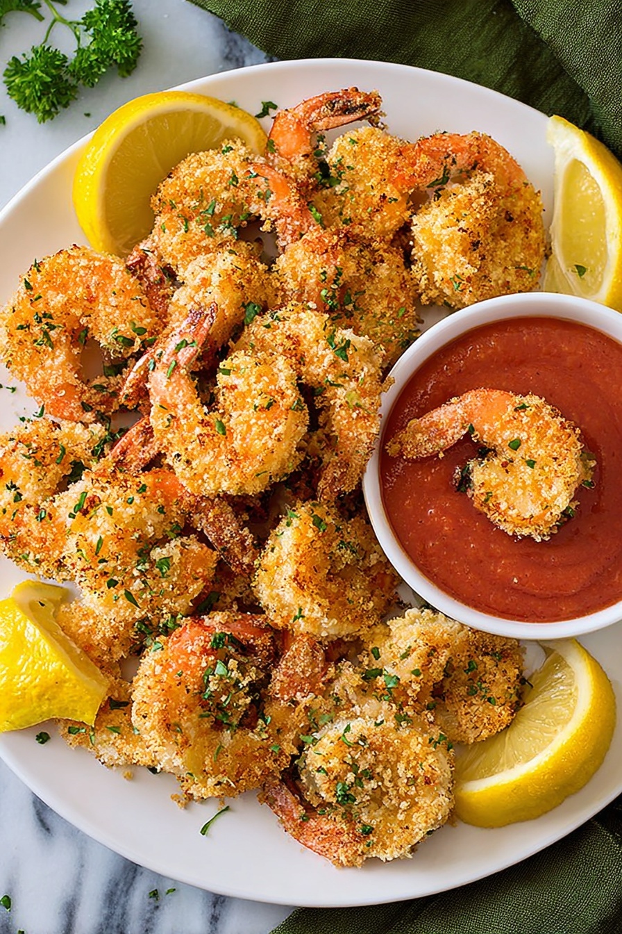 Crispy Panko Shrimp with Cocktail Sauce, shrimp appetizer, crispy shrimp recipe, homemade cocktail sauce, quick seafood dishes - A white bowl filled with red dipping sauce sits in the middle of a white plate. Golden brown breaded shrimp, sprinkled with green herbs, surround the bowl on the plate. A woman's hand holds one shrimp, dipping it into the sauce. Lemon wedges rest on the edge of the plate behind the shrimp. The background is out of focus with a dark green and black color contrast, while the plate is placed on a white marbled surface. photo taken with an iphone --ar 2:3 --v 7