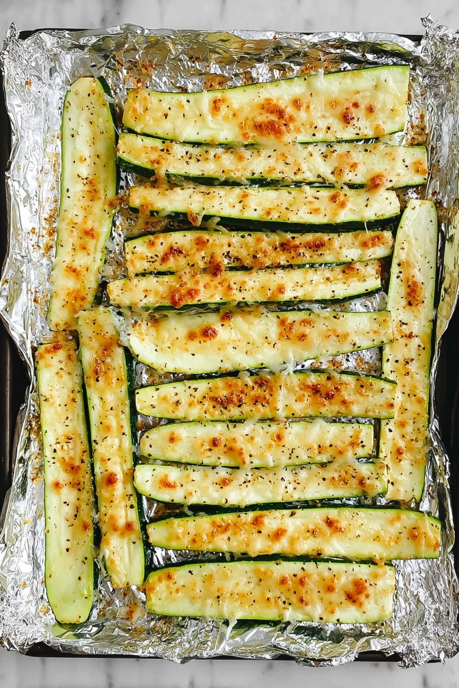 Garlic Lemon Parmesan Roasted Zucchini, roasted zucchini with garlic and lemon, easy vegetable side dish, healthy zucchini recipes, flavorful zucchini sides - The image shows a tray lined with aluminum foil, covered with long, thin zucchini strips arranged in neat rows. Each zucchini strip is lightly grilled, showing light golden brown grill marks and melted shredded cheese sprinkled over the top. The zucchini strips have a mix of light green skin on one side and pale greenish-white flesh on the other. The melted cheese is a light yellow color, scattered unevenly across the strips and foil. The foil reflects a soft light with a slightly crinkled texture under the vegetables. The scene is set on a white marbled surface. Photo taken with an iphone --ar 2:3 --v 7