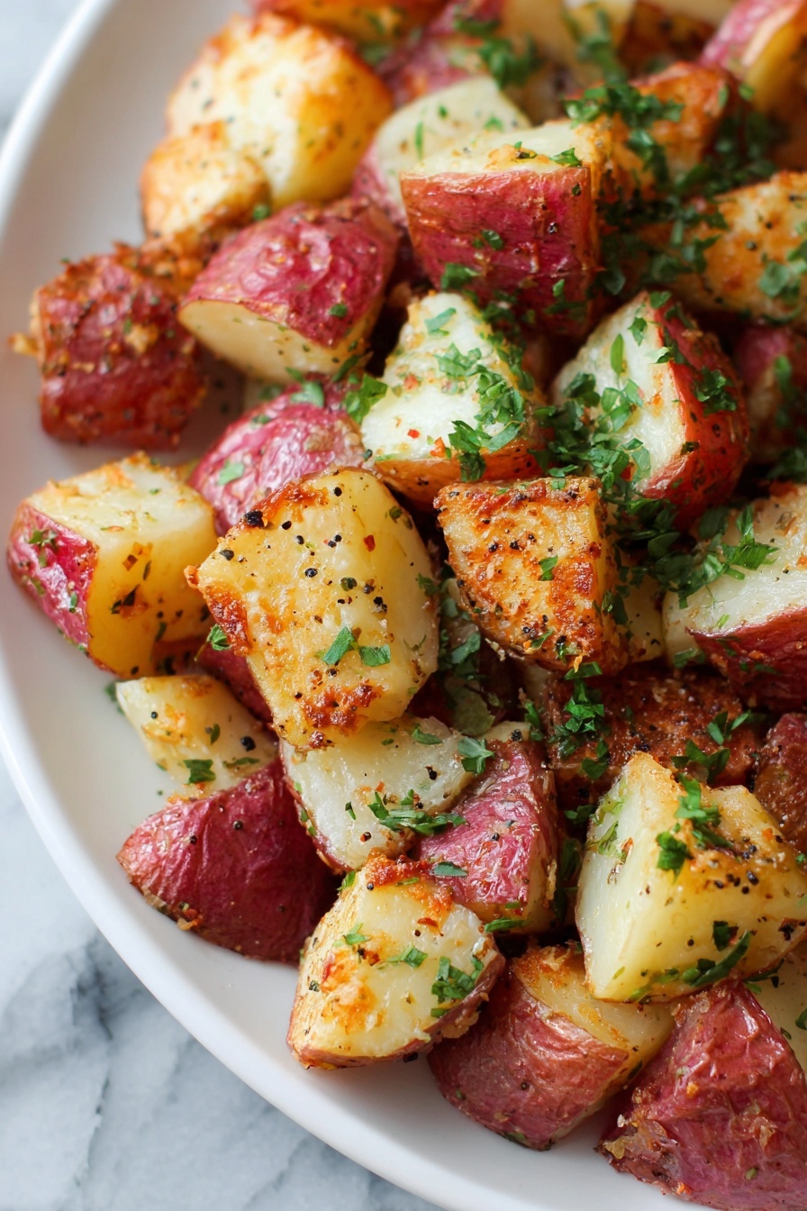 Garlic Parmesan Roasted Potatoes, crispy roasted potatoes with garlic and parmesan, easy garlic parmesan potatoes, savory roasted potato side dish, homemade roasted potato recipe - The image shows a baking sheet filled with many small pieces of roasted red-skinned potatoes, cut into rough triangles. Each piece has a golden brown crispy texture on the outside, with the skin side showing a deep red color and the inside a soft cream color. The potato pieces are scattered evenly across the tray, sprinkled with small bits of green herbs, and some areas appear slightly more browned, showing a crisp finish. The surface beneath the tray is a white marbled texture. photo taken with an iphone --ar 2:3 --v 7