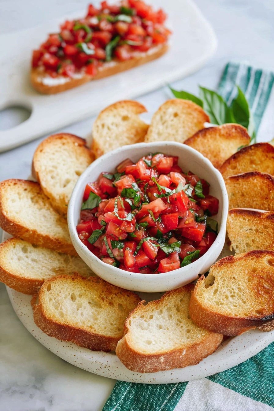 Classic Tomato Bruschetta, Tomato Bruschetta appetizer, easy bruschetta recipe, summer party starters, simple tomato bruschetta - A white plate with a round white bowl in the center filled with a mix of chopped red tomatoes, green herbs, and small bits of garlic, showing a fresh and juicy texture. Around the bowl, there are nine toasted golden-brown slices of bread fanned out evenly, each slice with a slightly crispy edge and airy holes inside. The plate is set on a green and white striped cloth resting on a white marbled surface. A vintage silver spoon is placed on the right side of the plate, partially under the bowl photo taken with an iphone --ar 2:3 --v 7