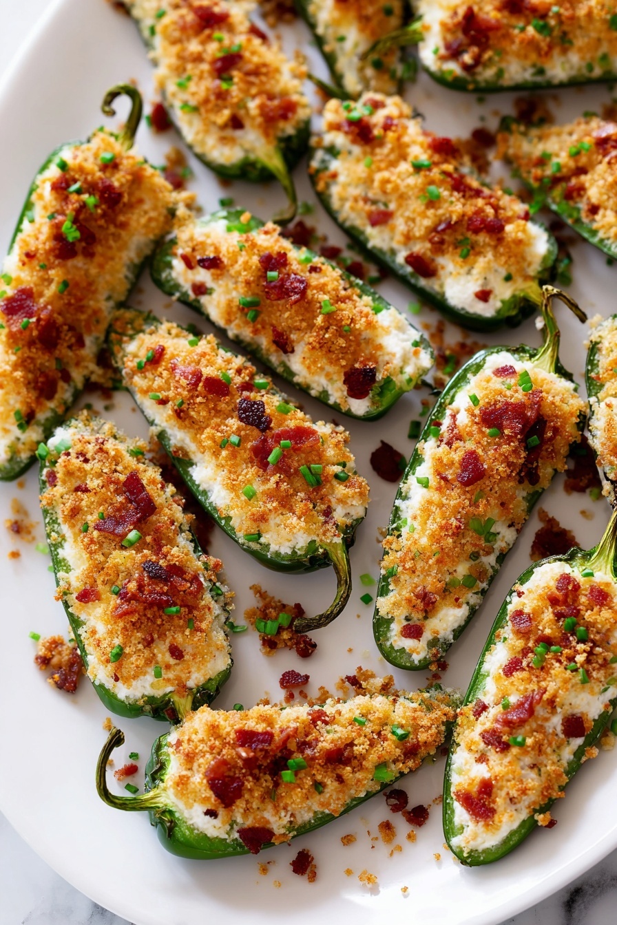 Baked Jalapeno Poppers with Bacon and Cheese, jalapeno poppers, bacon stuffed jalapenos, spicy appetizer recipes, easy party snacks - A white oval plate holds about twenty stuffed jalapeño halves arranged closely but not overlapping, on top of a white marbled surface with a red cloth underneath the plate edge. Each jalapeño has a green outer skin and is filled with a creamy white mixture, topped with a golden brown crumb layer. Small red bits of bacon are sprinkled on top along with finely chopped green herbs, adding texture and color contrast. The crumb topping looks crunchy and lightly toasted, covering most of the filling but leaving some creamy parts visible. photo taken with an iphone --ar 2:3 --v 7