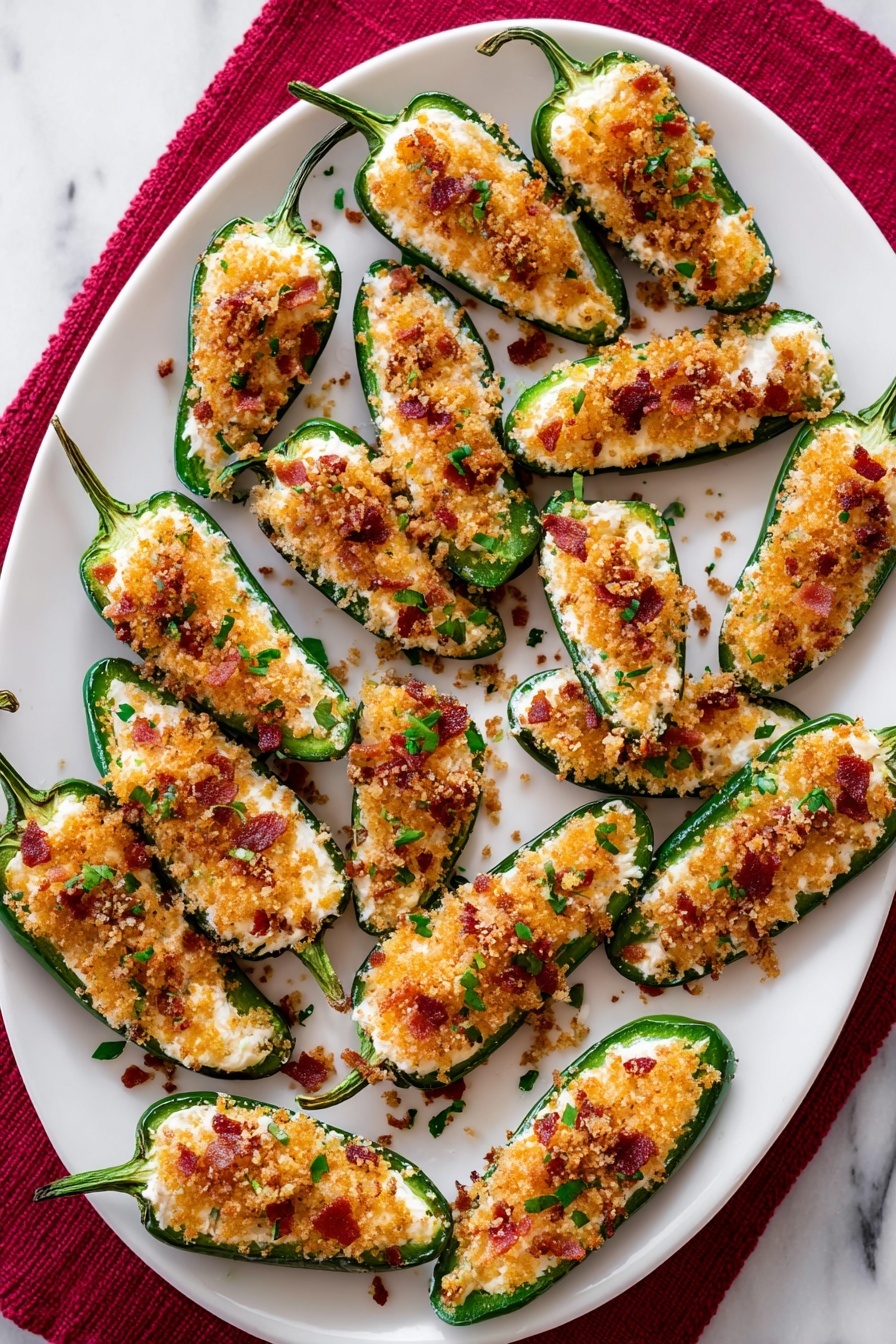 Baked Jalapeno Poppers with Bacon and Cheese, jalapeno poppers, bacon stuffed jalapenos, spicy appetizer recipes, easy party snacks - The dish shows many green jalapeño pepper halves filled with creamy white cheese mixed with herbs, topped with a golden brown crispy breadcrumb layer. Small bits of reddish-brown bacon and finely chopped green chives are sprinkled on top of each pepper. The peppers are arranged in a slightly scattered way on a large white plate, all lying flat with the filling side up. The background is a white marbled surface. The colors are fresh green, white, golden brown, and red with a crispy texture on the topping photo taken with an iphone --ar 2:3 --v 7