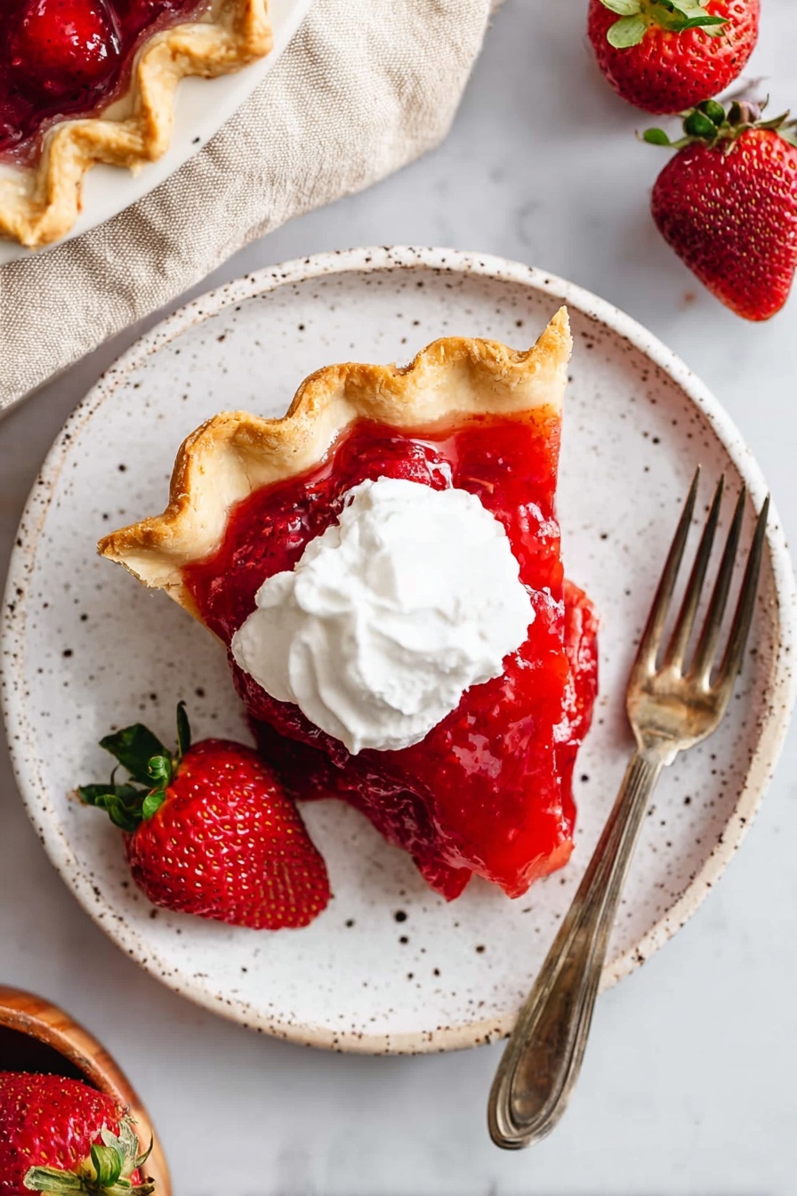 Easy Fresh Strawberry Pie, strawberry pie, summer fruit dessert, easy strawberry dessert, homemade strawberry pie - A slice of strawberry pie with a golden, wavy crust on the edge sits on a white speckled plate. The middle layer is a glossy, bright red strawberry filling, topped with a dollop of white whipped cream. On the plate next to the pie is half of a fresh red strawberry with green leaves. A fork with a piece of the pie and some strawberries is placed to the right of the slice. The background is a white marbled texture with a beige cloth napkin partly visible at the top left and part of a pie dish with more pie at the top right, along with a whole strawberry near it. Photo taken with an iphone --ar 2:3 --v 7