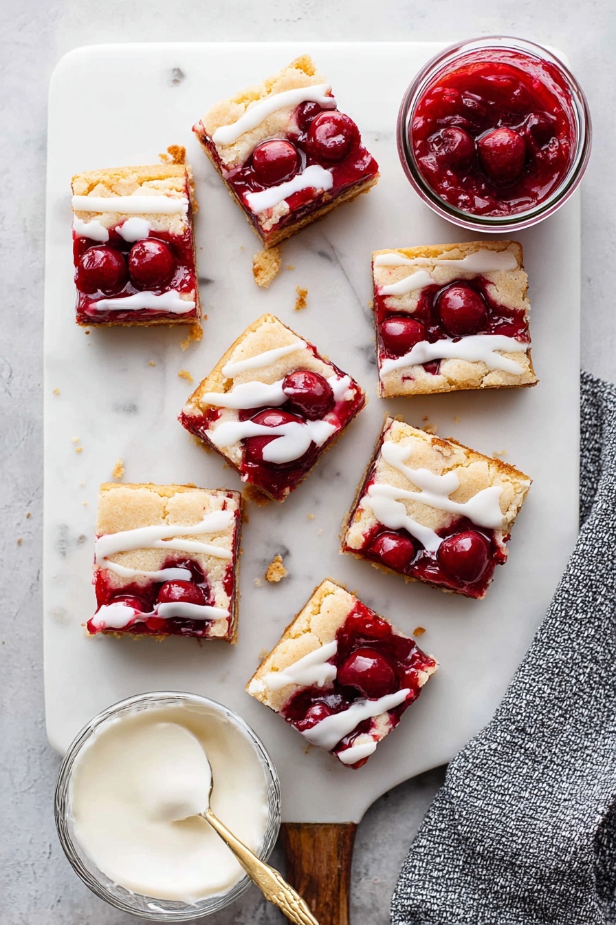 Cherry Pie Bars with Almond Glaze, cherry dessert bars, easy cherry dessert recipes, almond glaze cherry bars, fruity bar dessert - The image shows several square-shaped cherry dessert bars on a white marbled surface. Each bar has three main layers: the bottom layer is a thick, light golden crust with a slightly crumbly texture, the middle layer is filled with bright red cherry filling that looks juicy and thick with whole cherries visible, and the top layer is a light golden crust arranged in a lattice or solid piece style. White icing is drizzled over the top of each bar in uneven lines. In the background, there is a glass jar filled with extra cherry filling. Photo taken with an iphone --ar 2:3 --v 7
