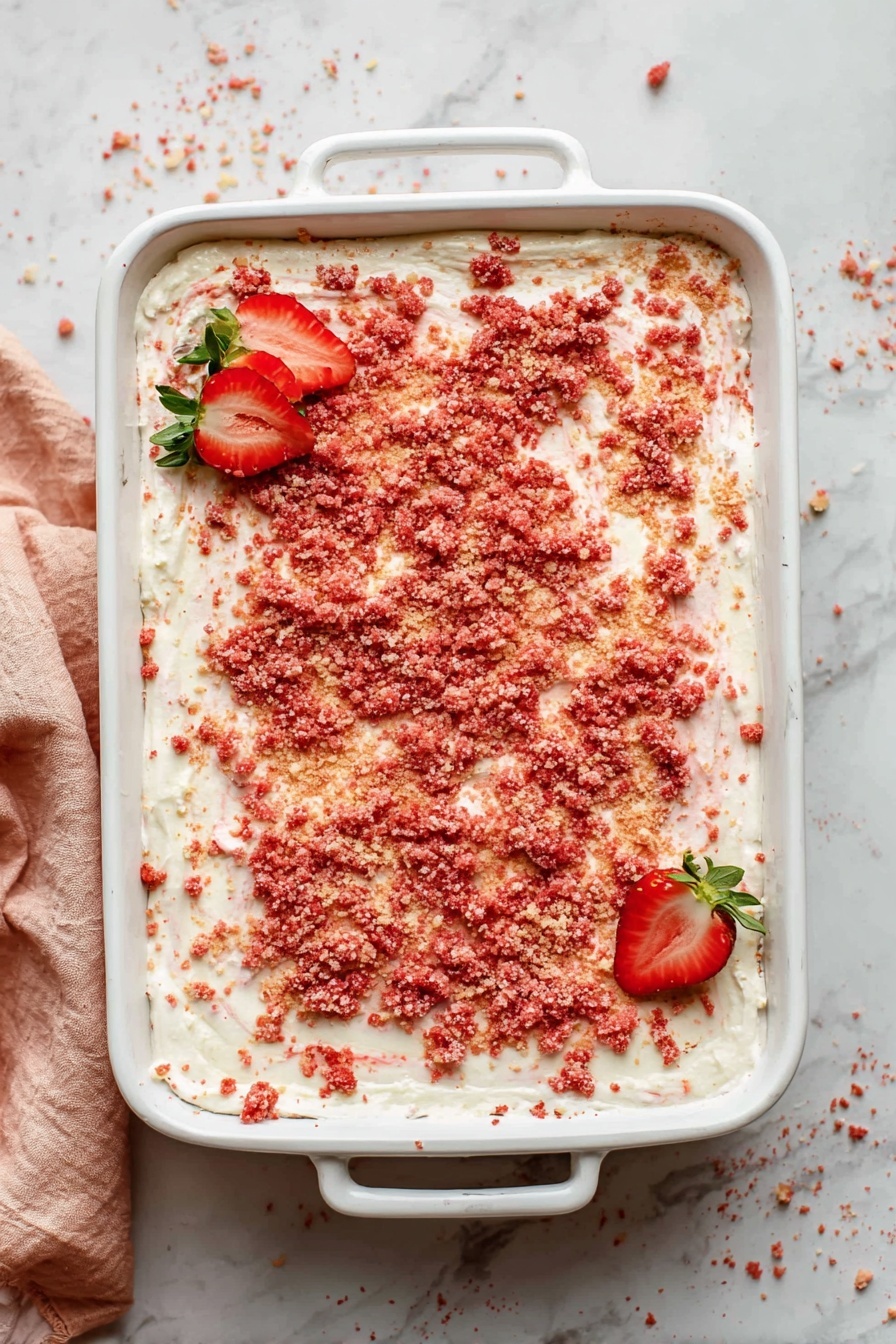 Strawberry Crunch Cake, strawberry dessert, quick strawberry cake, no-bake strawberry dessert, fruit crunch cake - A white rectangular baking dish holds a layered dessert with a base layer that is mostly hidden but slightly visible at the edges, topped with a thick, creamy white layer that spreads unevenly near the sides. The entire top surface is covered with crumbly, reddish-pink crushed pieces that add texture and color contrast. Two fresh, red strawberry halves with green leaves rest on the top right and bottom left corners, adding a fresh touch. The dish is set on a white marbled surface with some crumbs scattered around and a soft, peach-colored cloth partially visible on the left side. The photo taken with an iphone --ar 2:3 --v 7