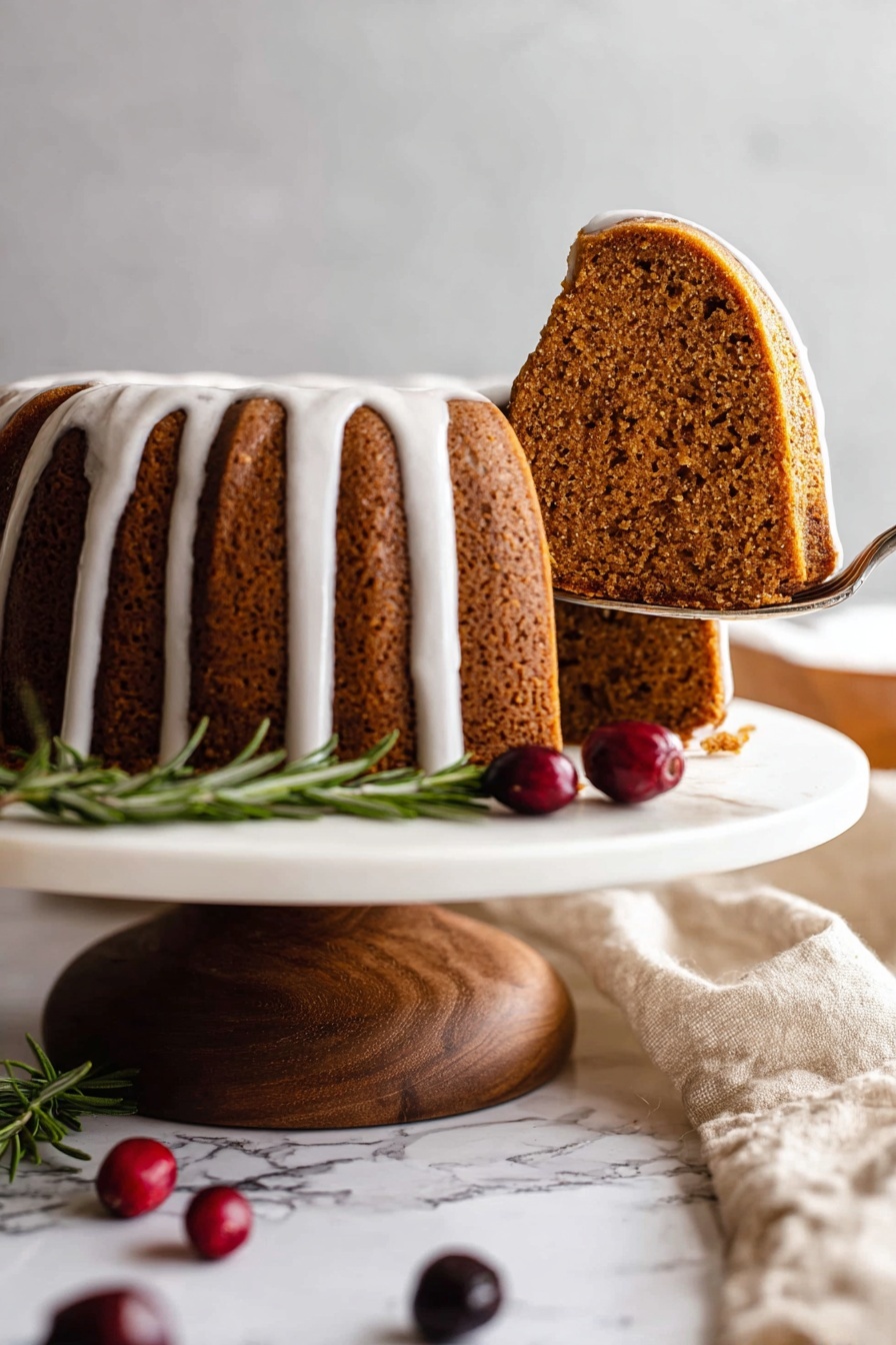 Gingerbread Bundt Cake with Maple Glaze, gingerbread fall desserts, holiday spice cake, moist ginger cake, cozy winter baked goods - The image shows a bundt cake on a white cake stand with a wooden base placed on a white marbled surface. The cake is brown with a soft, slightly crumbly texture and has smooth white icing drizzled evenly in vertical stripes over the top and sides. A slice is being lifted by a fork, revealing the same brown inside with a spongy texture. Around the base, there are a few red and dark purple berries and sprigs of green rosemary as decoration. In the background, there is a beige cloth with some folds visible. The lighting is soft and natural, highlighting the details of the cake and its decorations. photo taken with an iphone --ar 2:3 --v 7