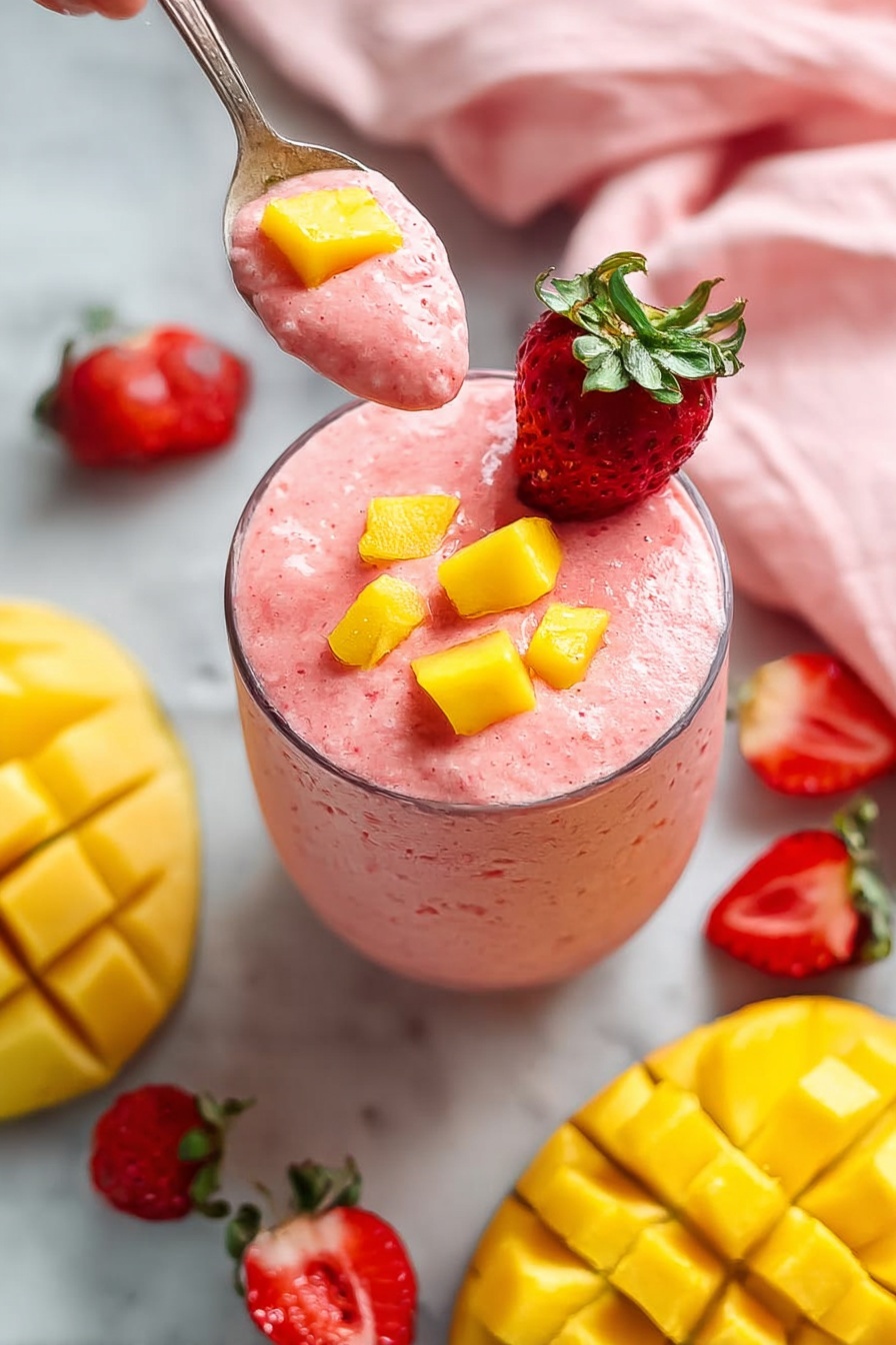 Refreshing Strawberry Mango Smoothie, strawberry mango smoothie, healthy fruit smoothies, quick mango smoothie, tropical fruit beverage - A glass filled with a creamy pink smoothie that has a thick texture, topped with small bright yellow mango cubes and a whole red strawberry with green leaves on the edge. A spoon holding some smoothie is shown above the glass, with a woman's hand holding the spoon. Nearby, a bright yellow mango half with a grid cut pattern and several whole and sliced strawberries rest on a white marbled surface. A soft pink cloth is also placed under some strawberries in the background. photo taken with an iphone --ar 2:3 --v 7