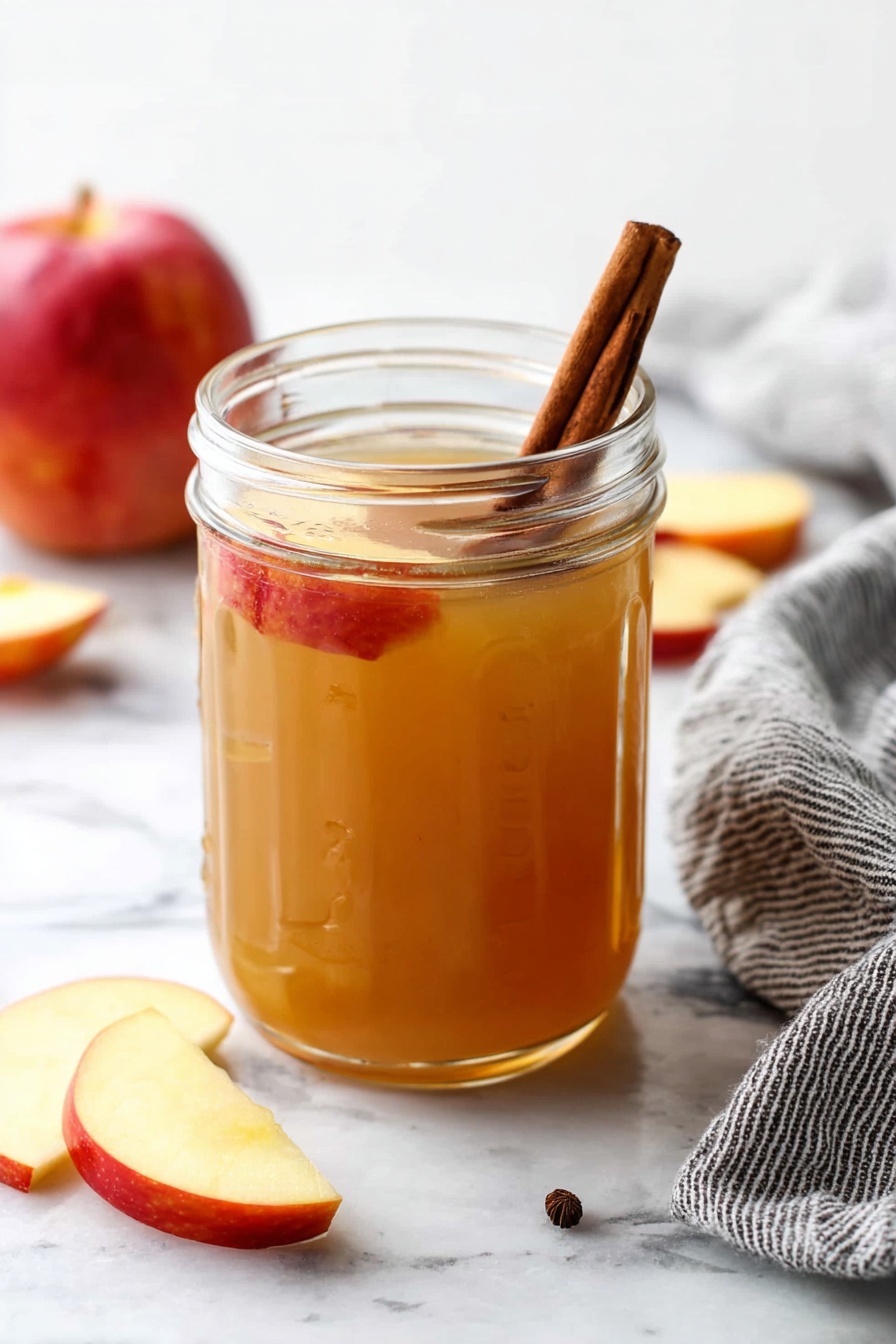 Slow Cooker Apple Cider, apple cider recipe, warm fall drinks, cozy apple cider, homemade apple cider - A clear glass jar filled with light brown apple cider sits on a white marbled surface. Inside the jar, a cinnamon stick stands upright, slightly leaning outwards, and a small red apple slice floats near the top. Around the jar, there are several apple slices and a small whole apple in the background to the left, while a grey and white striped cloth is draped casually on the right side. The overall background is bright white. photo taken with an iphone --ar 2:3 --v 7