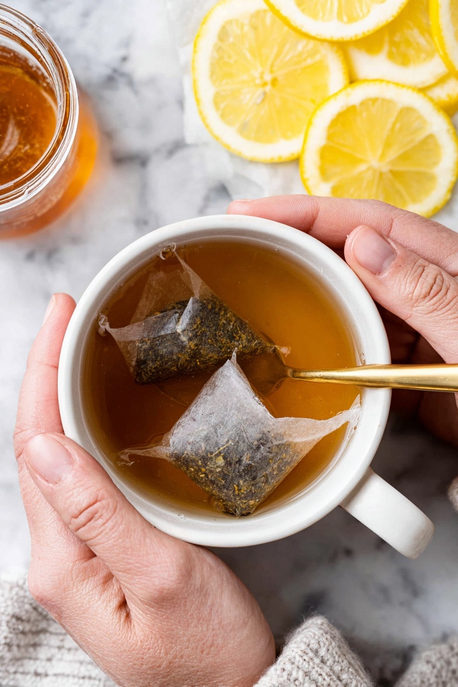 Copycat Starbucks Medicine Ball Tea, soothing tea recipe, Homemade Medicine Ball tea, comforting tea drink, refreshing herbal tea - A white cup filled with light brown tea, with two tea bags steeping inside, showing loose tea leaves through the translucent bags; a gold spoon rests inside the cup, partly submerged in the tea. The cup is held gently by two woman's hands, one on each side. The background is a white marbled surface with a small jar of golden honey and several bright yellow lemon slices placed near the cup. Photo taken with an iphone --ar 2:3 --v 7