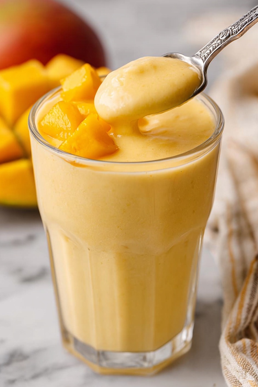 Mango Lassi, Mango Lassi recipe, Indian mango drink, tropical smoothie, easy mango beverage - A tall clear glass filled with a thick, creamy, pale yellow mango smoothie with small pieces of bright orange mango on top. A metal spoon with an ornate handle is scooping the thick smoothie above the glass, showing its smooth and rich texture. The glass is placed on a white marbled surface with a blurred background featuring hints of ripe mangoes and a beige cloth with striped pattern. Photo taken with an iphone --ar 2:3 --v 7
