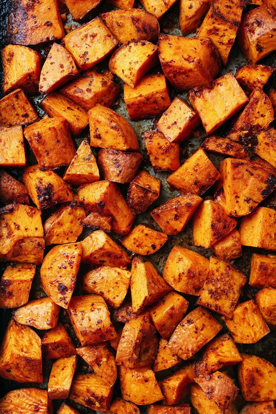 Honey Cinnamon Roasted Sweet Potatoes, roasted sweet potatoes, sweet potato side dish, cinnamon sweet potatoes, honey glazed sweet potatoes - The image shows a close-up of chunky roasted sweet potato cubes in a white baking dish. The cubes have a rich orange color with dark brown charred spots, indicating a crispy texture. The sweet potatoes are piled in the dish, filling it almost to the top, and a silver spoon is partially inserted in the middle-right side, holding some cubes. The background is a white marbled surface with soft lighting that highlights the shine on the roasted sweet potatoes. Photo taken with an iphone --ar 2:3 --v 7