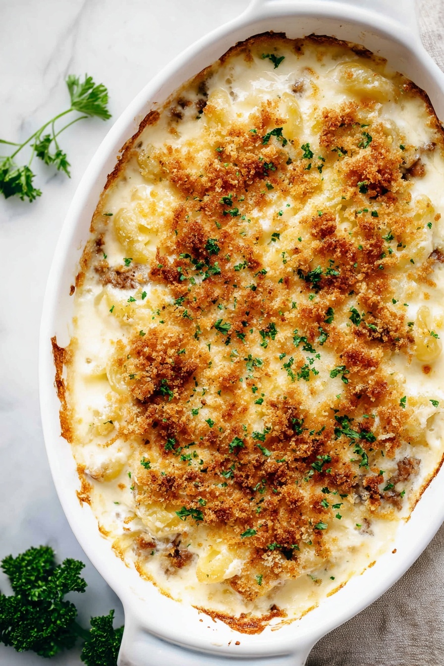 Creamy Cauliflower Bacon Gratin, cheesy cauliflower side dish, bacon and cauliflower casserole, easy cheesy gratin recipe, comfort food cauliflower - The dish is a casserole in a white oval dish filled with creamy white sauce, cauliflower pieces, and small chunks of cooked meat. The top layer is golden brown with melted cheese and breadcrumbs sprinkled unevenly, showing crispy textured spots. The cauliflower pieces are white and soft-looking, mixed with the sauce underneath. There are small green herbs scattered on top for color contrast. A metal spoon is scooping a portion from one side, revealing the creamy texture beneath the browned top. The background is a white marbled surface. Photo taken with an iphone --ar 2:3 --v 7