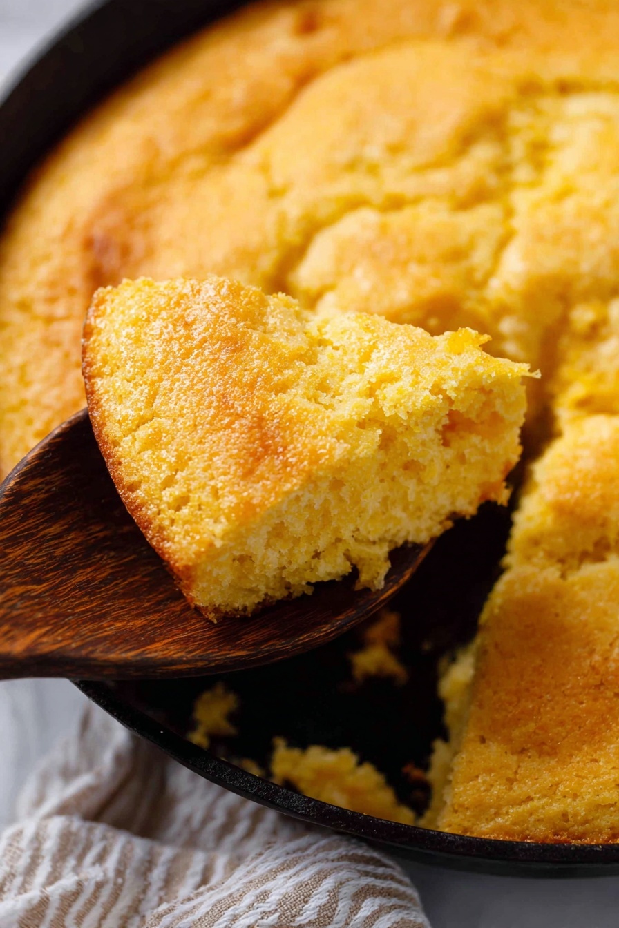 Cast Iron Honey Spoon Bread, honey spoon bread recipe, rustic spoon bread, fluffy sweet cornmeal bread, easy breakfast casserole - A white plate with brown speckles holds three pieces of warm yellow cornbread with a crumbly texture. One piece is lifted slightly above the plate by a woman's hand using a small honey dipper, from which golden honey drips slowly onto the cornbread. The background shows a blurred, black cast-iron pan with more cornbread inside, placed on a white marbled surface, and a cloth with beige and white stripes is partially visible behind the pan. The light highlights the moist, tender inside of the cornbread while capturing the slow movement of the honey. photo taken with an iphone --ar 2:3 --v 7