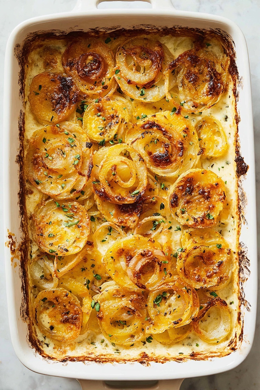 Cheesy Baked Onions, baked onion side dish, cheesy onion recipe, caramelized onion cheese bake, easy onion side dish - A white rectangular baking dish filled with a layered casserole topped with many golden-brown onion rings, some slightly crispy and charred at the edges. The onion rings vary in size, laying unevenly but covering the surface fully, with small green herb pieces sprinkled lightly on top. The baked layers beneath the onions show a creamy, slightly browned texture peeking through in places. The dish sits on a white marbled surface. Photo taken with an iphone --ar 2:3 --v 7