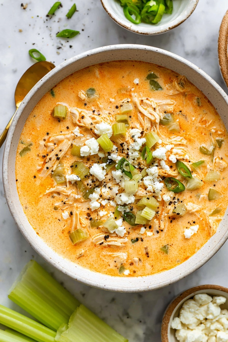 Buffalo Chicken Soup, spicy creamy chicken soup, easy buffalo chicken dish, game day comfort food, quick weeknight soup - A white bowl is filled with creamy orange soup with visible thin noodle strands and small chunks of orange vegetables, likely sweet potatoes or carrots. The soup is topped with scattered white cheese crumbles and finely sliced green herbs. A metal spoon rests in the soup, and a woman's hand is holding the bowl. The bowl is placed on a white marbled surface. photo taken with an iphone --ar 2:3 --v 7