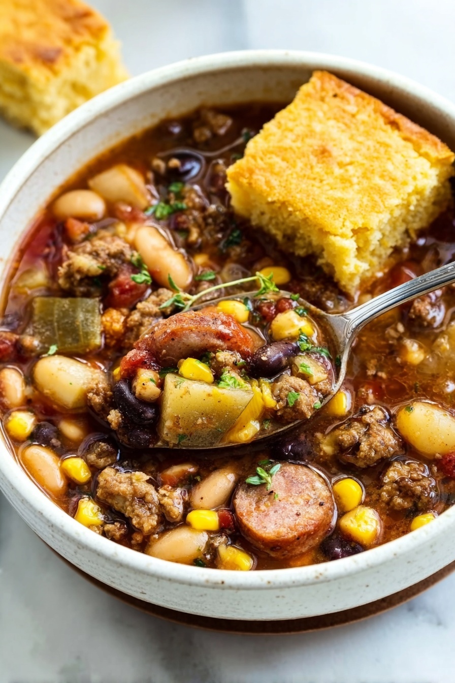 Texas Cowboy Stew, hearty cowboy stew, smoky beef stew, classic Texas recipes, easy one-pot stew - A round white bowl filled with a thick stew showing three layers: the bottom layer is a dark reddish-brown broth, the middle layer contains mixed ingredients including light yellow potato chunks, black beans, brown beans, yellow corn kernels, small bits of ground meat, and slices of light pink sausage, and the top layer has a piece of bright yellow cornbread resting on the stew’s edge and small green herb sprinkles scattered over the stew. A shiny silver spoon is inside the bowl with a slice of sausage on it, and a small wooden bowl with green chopped herbs is seen near the top left corner on a white marbled surface, with some scattered herbs and cornbread pieces around the bowl. Photo taken with an iphone --ar 2:3 --v 7