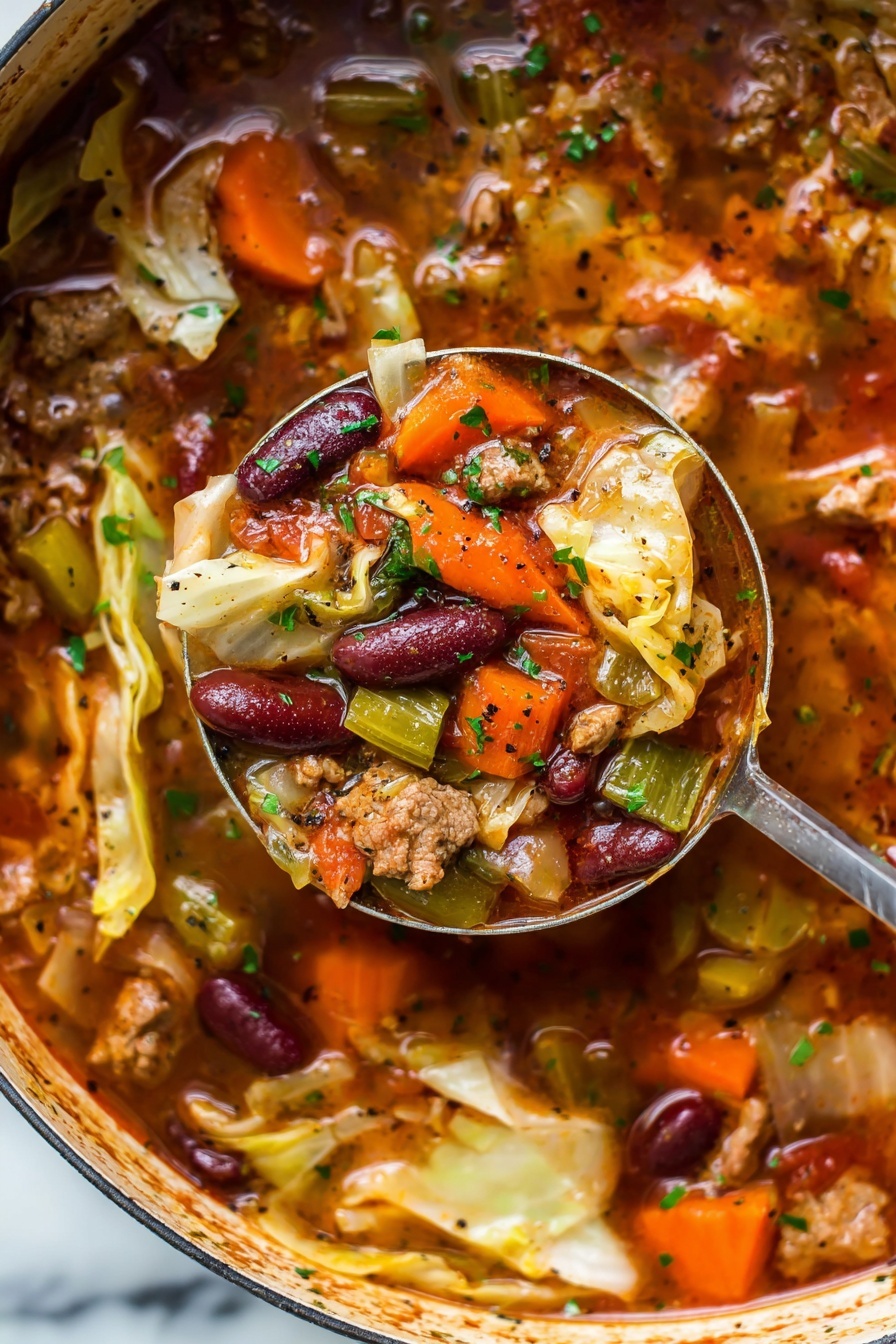 Hearty Beef and Cabbage Soup, beef and cabbage soup, comforting vegetable soup, easy beef soup recipe, nutritious hearty soup - A ladle full of thick soup showing many layers: soft light brown meat pieces, bright orange carrot slices, green celery bits, deep red kidney beans, and pale yellow cabbage pieces, all mixed in a rich reddish broth with small green herbs sprinkled on top. The scoop is held over a bigger pot full of the same soup, resting on a white marbled surface. The colors and textures of the vegetables and meat are clear and fresh, with visible black pepper specks on the cabbage and broth photo taken with an iphone --ar 2:3 --v 7