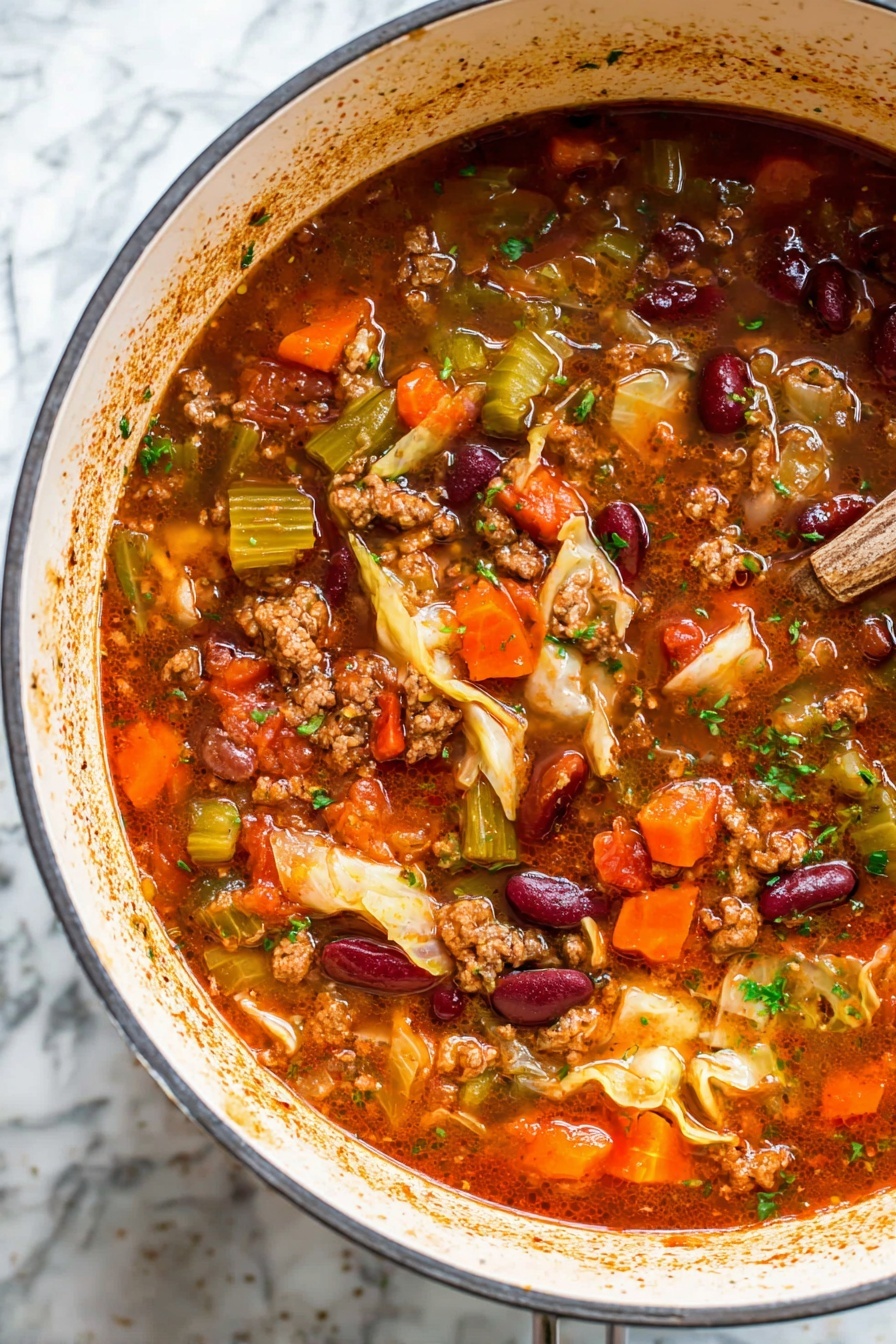 Hearty Beef and Cabbage Soup, beef and cabbage soup, comforting vegetable soup, easy beef soup recipe, nutritious hearty soup - A large white pot filled with thick vegetable and meat soup showing about five main layers: a rich dark brown and reddish broth base, chunks of green celery, bright orange carrot slices, deep red kidney beans, soft light yellow cabbage pieces, and browned small bits of ground meat, all mixed and floating evenly. A metal ladle scoops a rounded serving in the center, highlighting the mix of soft cabbage, bright carrot, dark beans, and meat. Small flecks of green herbs are sprinkled throughout, adding a fresh touch. The inside edge of the pot shows some broth splatters and seasoning. The background is a white marbled texture. photo taken with an iphone --ar 2:3 --v 7
