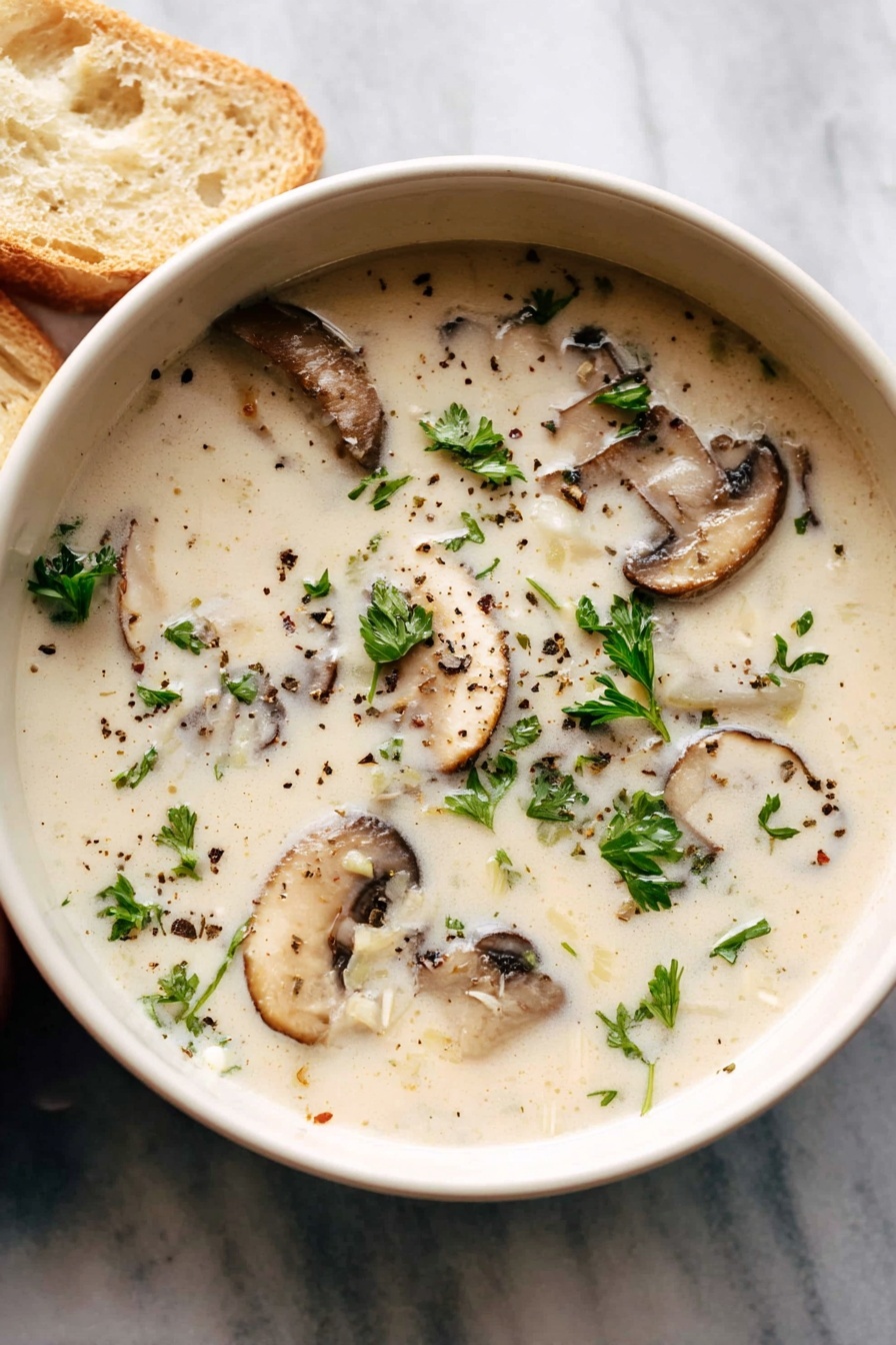 Creamy Mushroom Soup, hearty mushroom soup, easy mushroom soup, comforting mushroom recipes, velvety mushroom soup - A white bowl filled with creamy mushroom soup that has a smooth, light beige color with visible slices of cooked brown mushrooms floating on top. Small green parsley pieces are scattered on the surface with a few black pepper specks. A woman's hand is dipping a piece of crusty light golden bread into the soup. The bowl sits on a white marbled surface. photo taken with an iphone --ar 2:3 --v 7