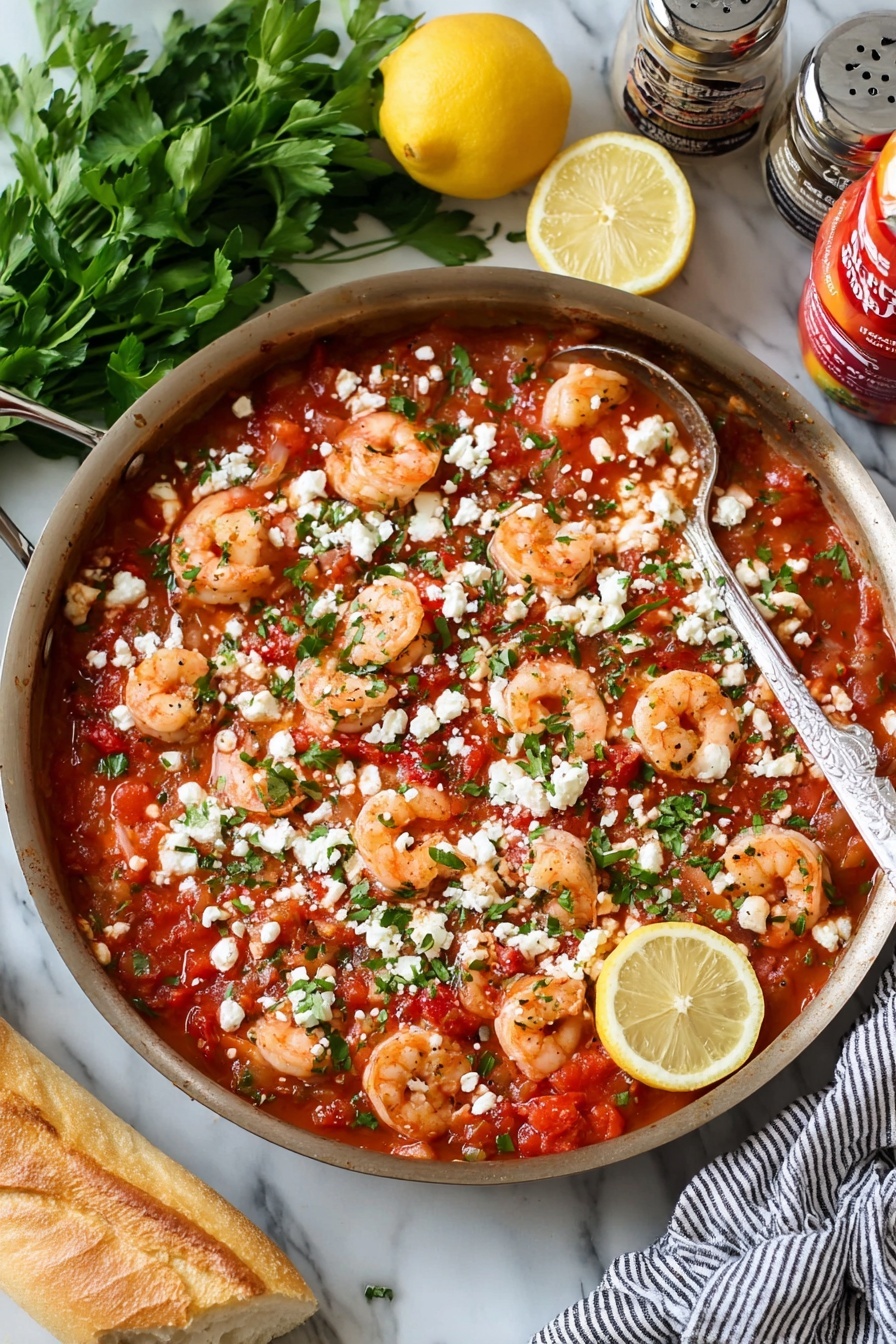 Greek Shrimp with Feta and Tomatoes, Greek shrimp recipe, Mediterranean seafood dish, quick shrimp dinner, feta and tomato shrimp - A metal pan filled with about three layers: at the base, a chunky red tomato sauce mixed with small diced tomatoes and herbs; on top, a layer of orange shrimp scattered evenly, some curled and some slightly straight; sprinkled over this, crumbled white cheese covering much of the shrimp and sauce; fresh chopped green herbs are spread lightly over everything; two lemon wedges sit near the top edge of the pan; a silver spoon with a long handle rests inside the pan on the right side; the pan is on a white marbled surface, surrounded by a striped cloth napkin on the right, some fresh parsley leaves, a whole lemon, a half baguette bread piece to the left, and two spice containers partly visible. photo taken with an iphone --ar 2:3 --v 7