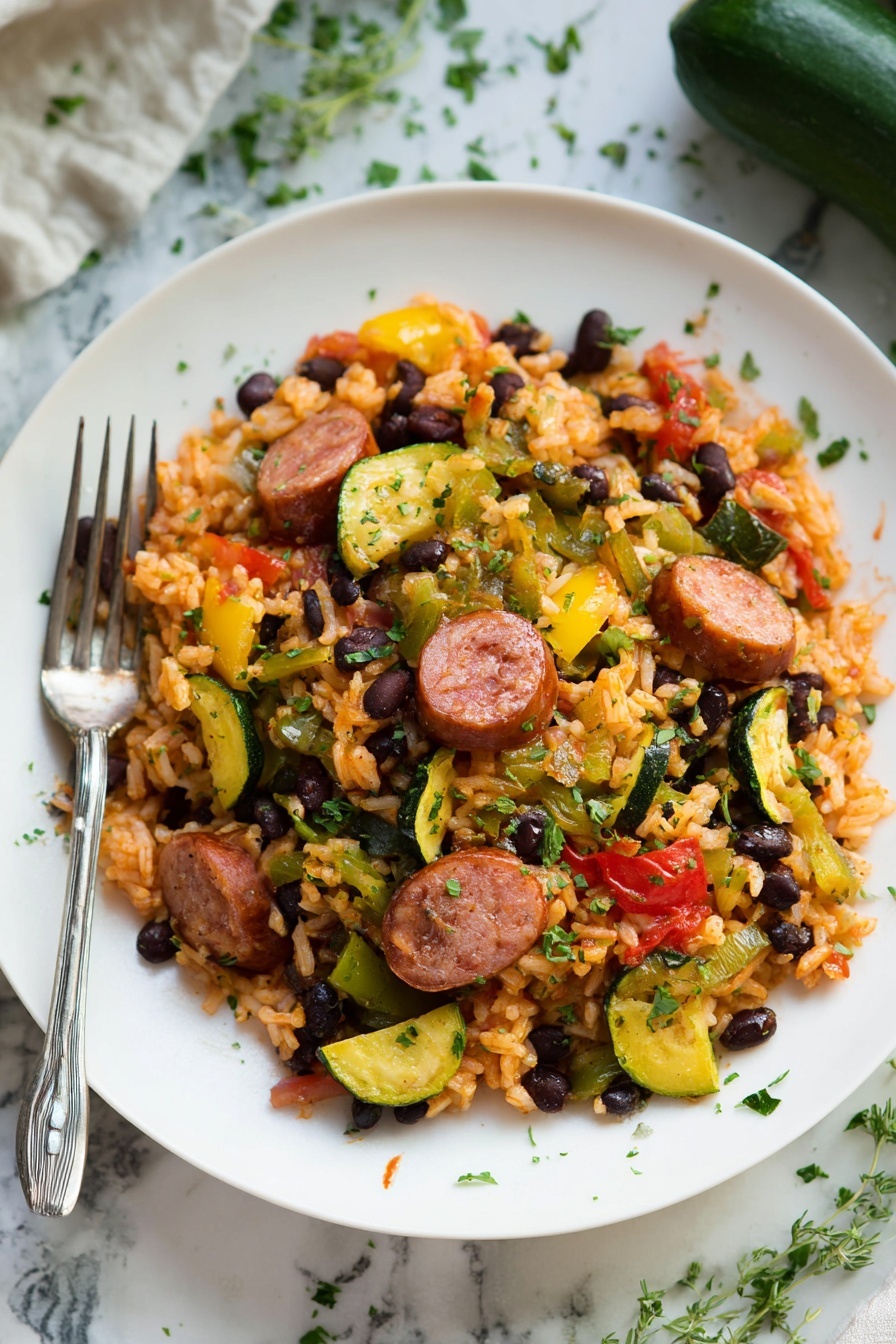 Sausage and Zucchini Skillet, easy sausage and zucchini recipe, one-pan sausage and vegetable dish, quick zucchini skillet, hearty sausage skillet meal - The image shows a black frying pan filled with a colorful mix of cooked ingredients. There are about five layers visible: the base layer is white rice with a light reddish tint, mixed evenly with black beans scattered throughout. On top of this are thick slices of sausage in a reddish-brown color, placed evenly across the pan. Yellow and green pieces of cooked zucchini and bell peppers are spread among the rice and sausage. Bright red chunks of tomato add spots of color, with green herbs sprinkled on top for garnish. The pan sits on a white marbled surface with a wooden spoon nearby and a white bowl filled with orange shredded cheese in the background. Photo taken with an iphone --ar 2:3 --v 7