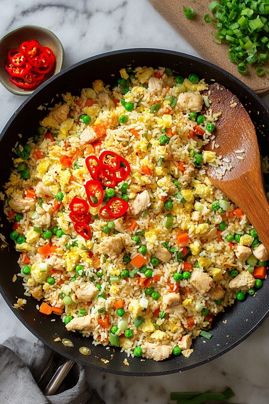 Cauliflower Chicken Fried Rice, healthy cauliflower fried rice, low-carb chicken fried rice, quick dinner ideas, easy stir-fry recipes - The image shows a close-up of a pan filled with fried rice that has three main layers mixed together: small white rice grains at the base, bright orange carrot cubes scattered evenly throughout, and green peas and chopped green onions spread on top. There are also chunks of light tan cooked chicken mixed inside. The rice looks slightly oily and fluffy, with scrambled egg bits visible within the grains, adding a soft yellow color. A wooden spoon rests on the side, partially covered by the fried rice. The pan sits on a white marbled surface. photo taken with an iphone --ar 2:3 --v 7