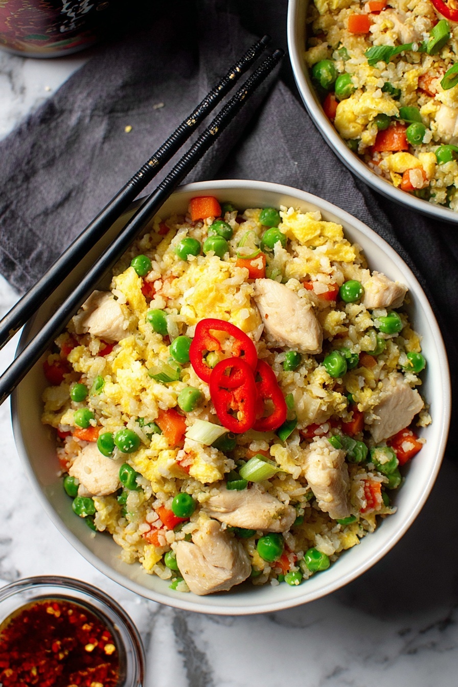 Cauliflower Chicken Fried Rice, healthy cauliflower fried rice, low-carb chicken fried rice, quick dinner ideas, easy stir-fry recipes - A close-up view of a black frying pan filled with fried rice mixed with colorful vegetables and small chicken pieces. The rice is light yellow with scrambled eggs mixed in, scattered with bright green peas, chopped green onions, and small orange carrot cubes. Thin slices of red chili pepper are spread on top, adding a pop of red color. A wooden spatula is resting in the pan on the right side. The pan is placed on a white marbled surface with some chopped green onions and chili slices nearby for garnish. Photo taken with an iphone --ar 2:3 --v 7
