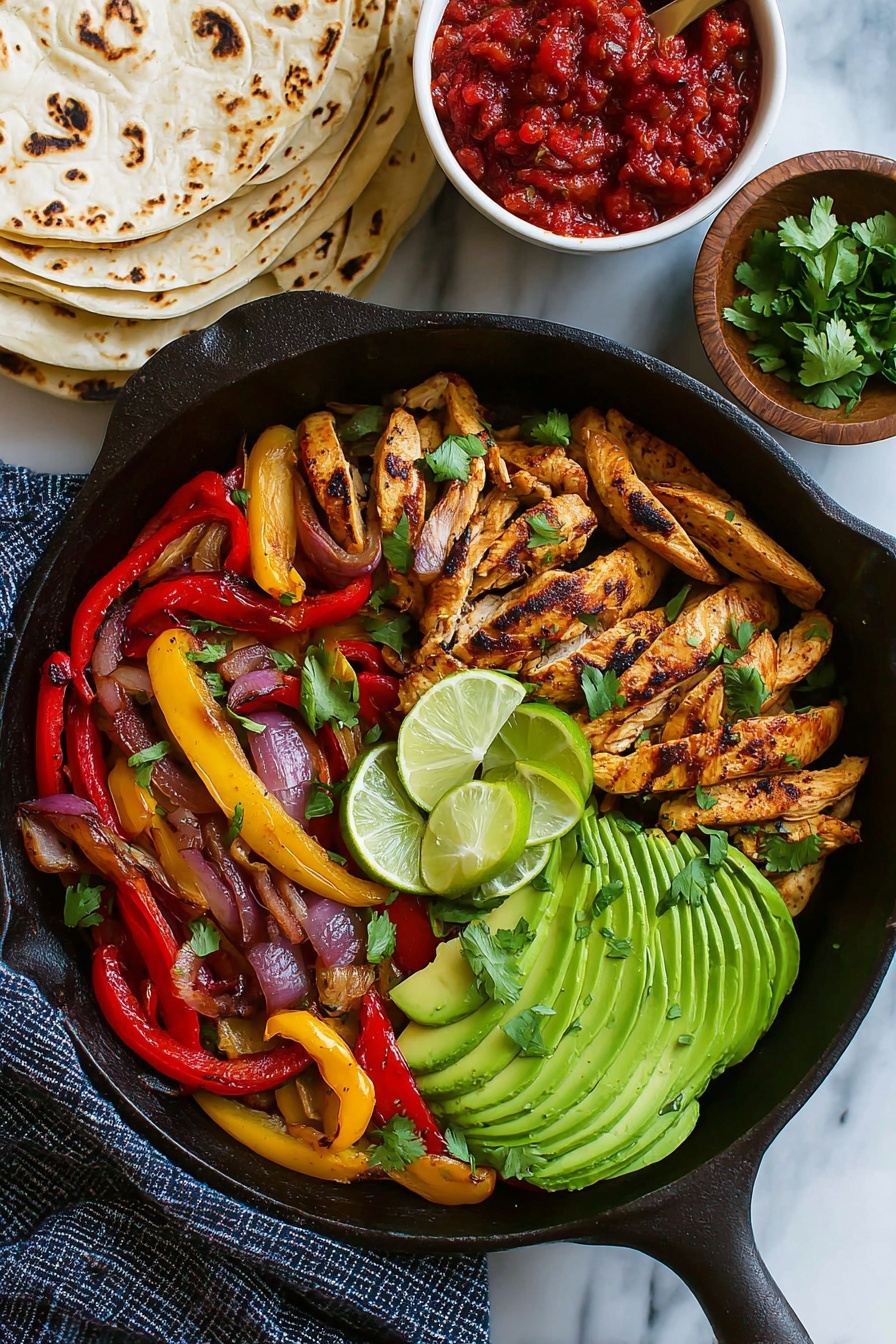 Juicy Chicken Fajitas with Fresh Lime, Chicken fajitas recipe, easy chicken fajitas, quick fajitas with lime, flavorful chicken fajitas - A black cast iron pan holds three distinct layers arranged side by side: on the right, golden-brown grilled chicken strips with a slight char and sprinkled with green cilantro leaves, in the middle, thinly sliced avocado pieces fanned out smoothly in bright green layers, and on the left, a mix of sautéed bell peppers in red, yellow, and green along with slices of red onion, all topped with small cilantro leaves. At the top center, three lime wedges rest atop the vegetables. The pan sits on white marbled texture with a blue and white checkered cloth partially under it. On the left, a stack of white flour tortillas with browned spots is arranged next to the pan, while on the right side, a small white bowl filled with red chunky salsa and a wooden bowl holding lime wedges are visible. Photo taken with an iphone --ar 2:3 --v 7