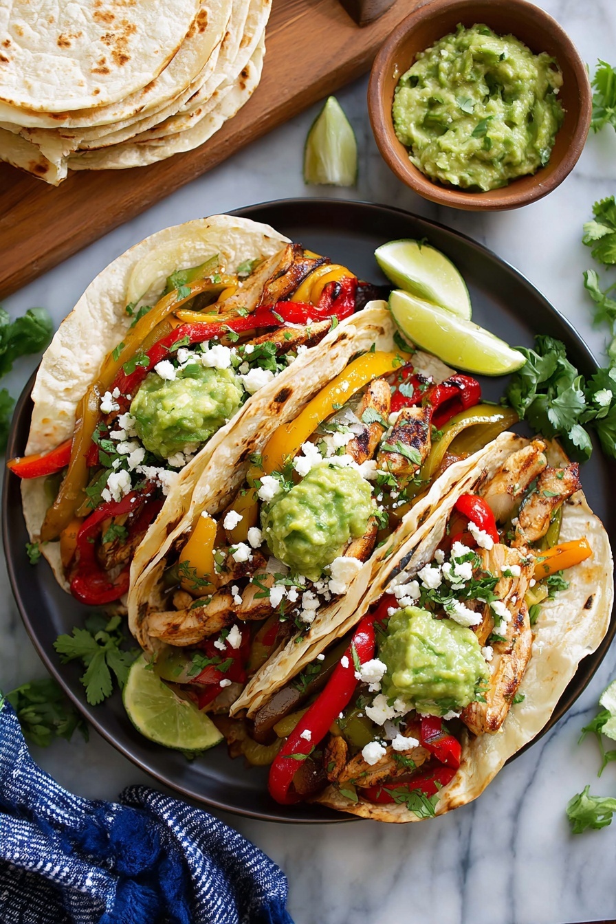 Juicy Chicken Fajitas with Fresh Lime, Chicken fajitas recipe, easy chicken fajitas, quick fajitas with lime, flavorful chicken fajitas - The dish shows two white tortillas folded and filled with layers of grilled chicken pieces that are light brown with charred marks, topped with colorful strips of cooked red, yellow, and green bell peppers along with red onions. Fresh green cilantro is scattered on top and around the tortillas, adding a pop of color. Each tortilla is also topped with a scoop of green guacamole that has a chunky texture. Small white crumbles of cheese are sprinkled over the filling. In the foreground, a lime wedge with a bright yellow-green color rests beside the plate. The plate is white and sits on a white marbled surface, partially covered by a gray and white checkered cloth. Photo taken with an iphone --ar 2:3 --v 7