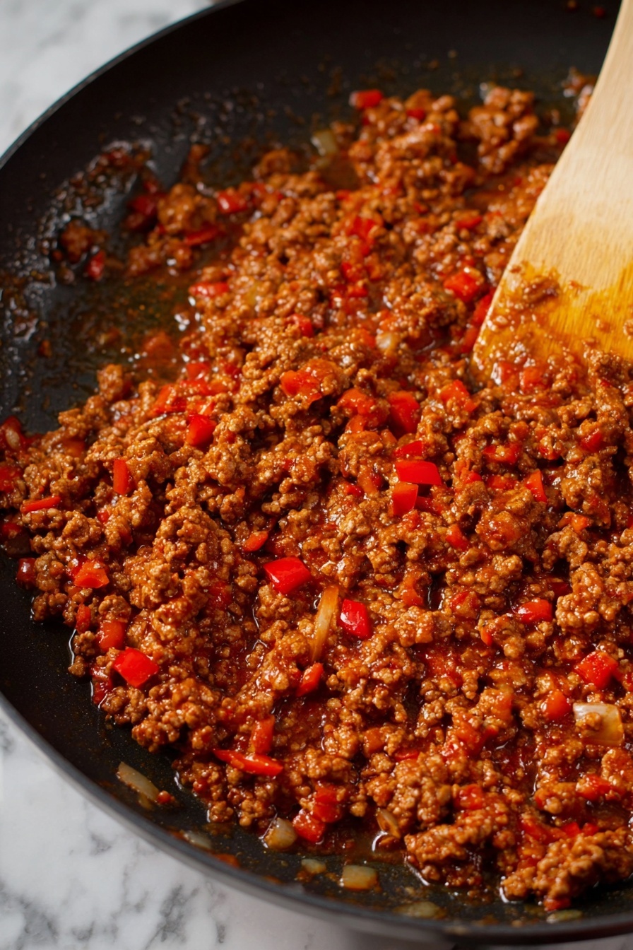 Quick and Tasty Sloppy Joes, easy sloppy joe recipe, flavorful sloppy joe sandwich, quick ground beef dinner, family-friendly sloppy joe - A close-up view of a sandwich on a shiny golden-brown bun with a thick layer of chunky brown meat filling mixed with small red and orange bits, all layered between the top and bottom bun. The sandwich sits on white parchment paper placed on a white plate on a wooden board, next to some yellow chips and green pickles. In the background, there is a blurred second sandwich. The setting includes a white marbled surface and some green salad with purple and orange pieces visible. photo taken with an iphone --ar 2:3 --v 7