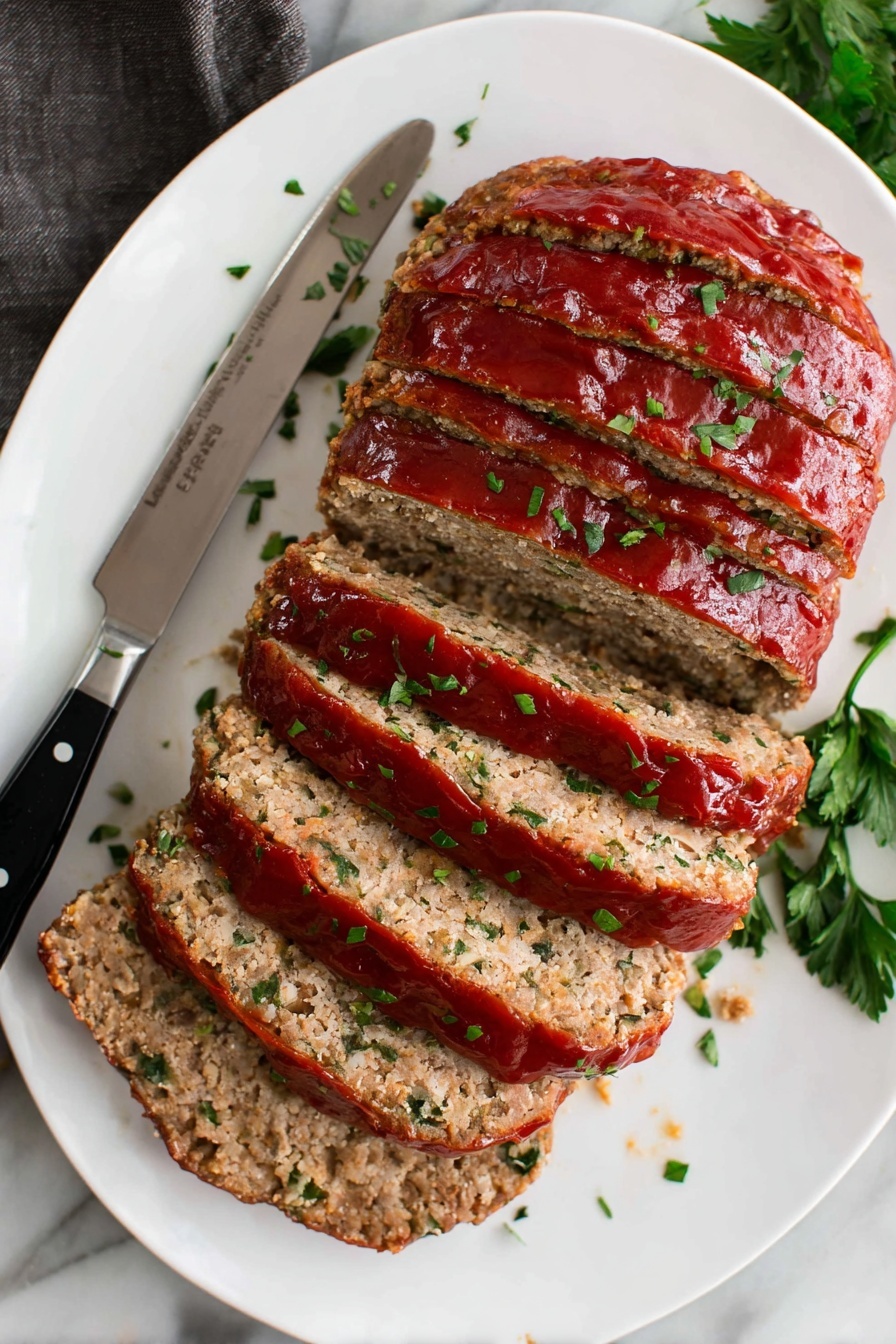 Turkey Meatloaf with Parmesan, healthy turkey meatloaf, easy meatloaf recipe, Parmesan meatloaf, lean ground turkey dinner - A white plate holds a sliced meatloaf with eight visible layers, each slice showing a light brown, textured inside mixed with green herbs. The top layer of each slice is coated with a shiny, thick red sauce. The meatloaf slices are arranged in a slightly overlapping manner, fanning out toward the top and left side, with some sauce dripping slightly down the sides. Small green herb pieces are sprinkled across the plate and the meatloaf's top, adding color contrast. A silver knife with a black handle lies on the left side of the plate. The plate sits on a white marbled surface, with some green parsley leaves partially visible on the top right edge. photo taken with an iphone --ar 2:3 --v 7