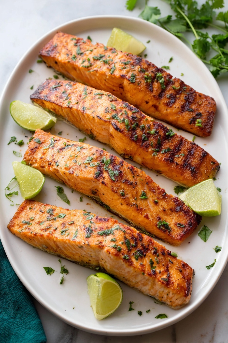 Broiled Lime Honey Salmon, citrus honey glazed salmon, quick healthy salmon dinner, easy broiled salmon recipe, flavorful salmon mains - Four long, rectangular pieces of grilled salmon with golden brown crisp skin and light grill marks are neatly placed side by side on a white oval plate. The salmon is sprinkled with fresh chopped green cilantro leaves, adding a pop of color. Two lime wedges, bright green with juicy texture, are placed on the plate near the top right and bottom left salmon pieces. The plate sits on a white marbled surface with a dark teal cloth partially visible on the top right corner. A glass jar of honey with a wooden dipper is seen at the top left corner of the image. photo taken with an iphone --ar 2:3 --v 7