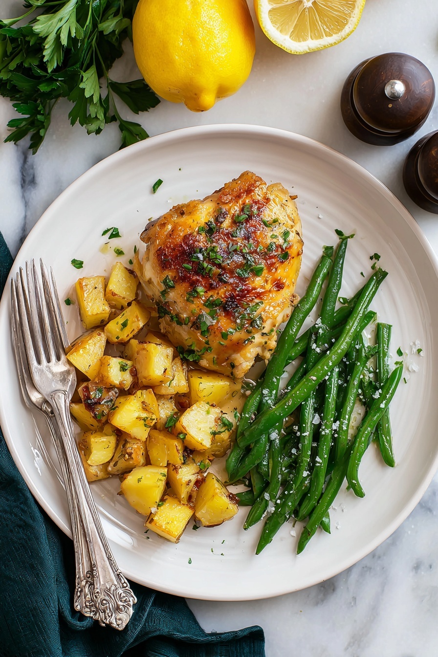 Lemon Herb Baked Chicken and Potatoes, healthy baked chicken and potatoes, easy lemon herb chicken and potatoes, one-pan chicken and potatoes, flavorful baked chicken recipes - This image shows two cooked chicken thighs with crispy brown skin, placed on a bed of small yellow potato cubes in a baking tray. The potatoes have a golden edge and are mixed with green chopped herbs. There are also a few lemon wedges and parsley leaves scattered around the edges of the tray. The tray sits on a white marbled surface. photo taken with an iphone --ar 2:3 --v 7