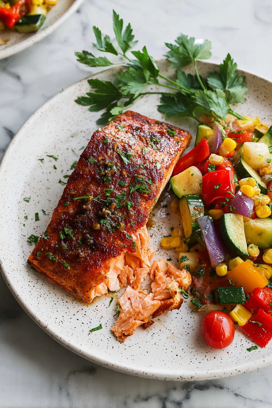Blackened Salmon with Honey Lime Sauce, Blackened Salmon, Honey Lime Salmon, Easy Salmon Recipes, Flavorful Salmon Dishes - A white speckled round plate holds a piece of cooked salmon fillet on the left side, its skin side up, showing a deep reddish-brown crust with some herbs sprinkled on top; part of the fillet is broken open to show moist, light orange-pink layers inside. To the right of the salmon is a colorful vegetable mix, featuring three layers: the bottom layer has small yellow corn kernels, the middle layer contains green zucchini slices and red cherry tomatoes, and the top layer includes chunks of red bell pepper and purple onion; all vegetables have a shiny, cooked look with fresh green parsley sprinkled over them. A sprig of fresh flat parsley rests on the upper left edge of the plate. The plate sits on a white marbled surface. photo taken with an iphone --ar 2:3 --v 7