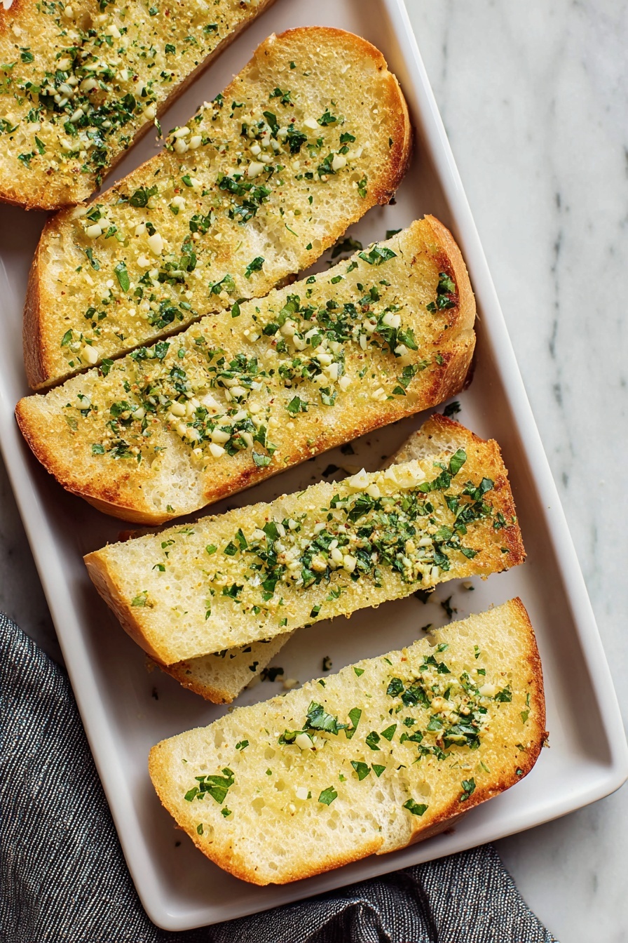 Garlic Bread, garlic bread recipe, easy garlic bread, homemade garlic bread, buttery garlic bread - A rectangular white tray holds one whole piece and five sliced pieces of garlic bread. The bread has a toasted golden-brown crust with a light yellow butter spread on top mixed with visible small green chopped herbs, likely parsley, and finely chopped garlic pieces scattered on the surface. The bread is slightly raised with a soft white inside visible on the sides. The slices are arranged from the whole piece on the left to a more separated piece on the right. This is all sitting on a white marbled surface with a gray and white striped cloth nearby. Photo taken with an iphone --ar 2:3 --v 7