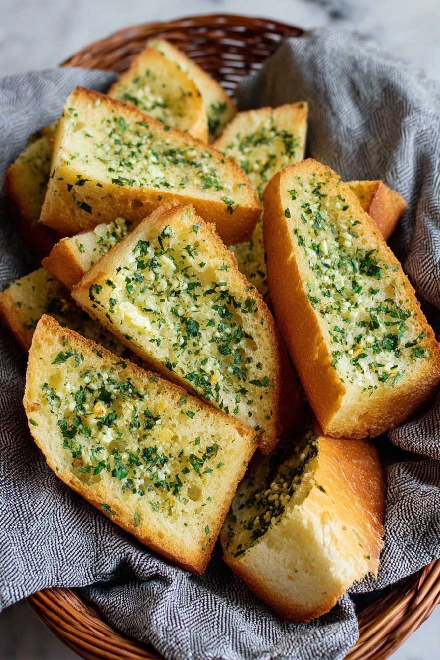 Garlic Bread, garlic bread recipe, easy garlic bread, homemade garlic bread, buttery garlic bread - A basket filled with several pieces of garlic bread. Each piece has one layer of thick, white bread with a golden brown crust. The top layer is covered with a spread of finely chopped green herbs and small bits of garlic mixed in with a light layer of melted butter. The bread pieces are arranged on a gray and white striped cloth inside the brown wicker basket. The background is a white marbled texture. photo taken with an iphone --ar 2:3 --v 7