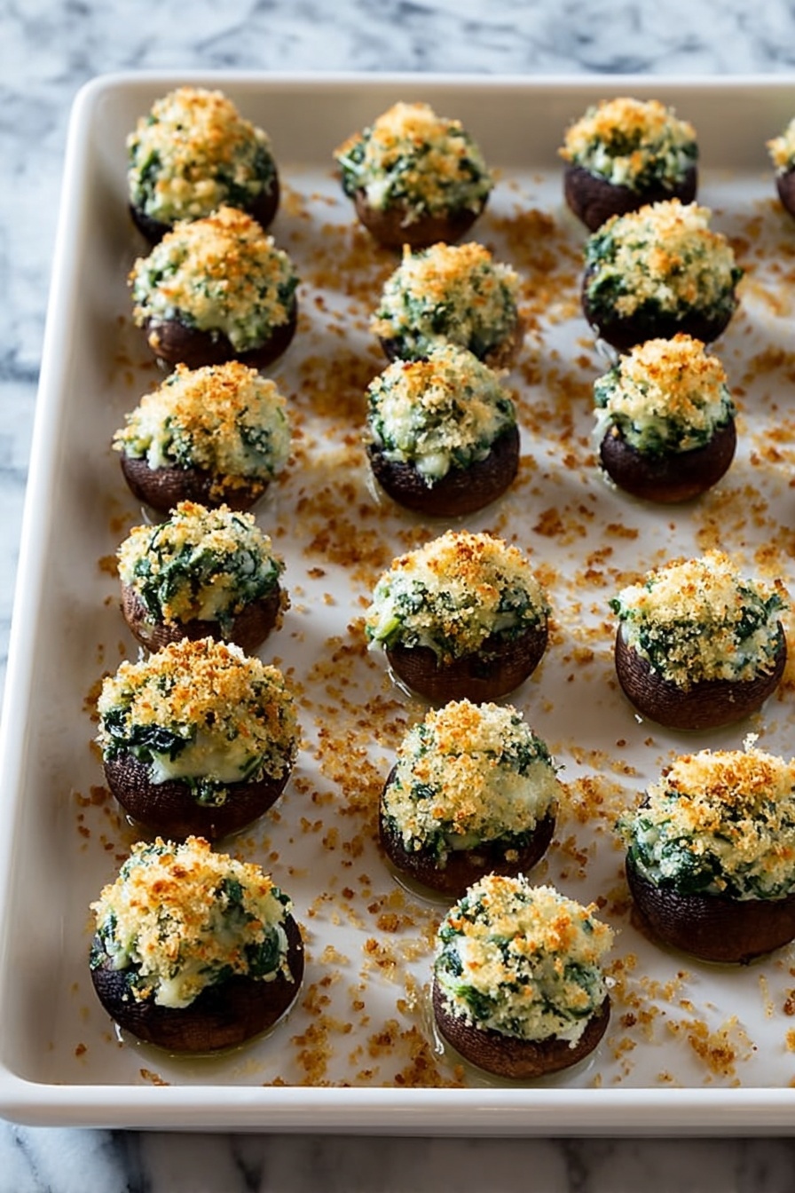 Cheesy Stuffed Mushrooms, stuffed mushroom appetizers, cheesy mushroom recipe, baked stuffed mushrooms, easy mushroom starters - The image shows a white plate holding a group of baked stuffed mushrooms arranged close together. Each mushroom has a dark brown cap base, topped with a creamy, green spinach layer mixed with cheese, and finished with a crunchy, golden brown crumb topping that looks crispy and crumbly. The mushrooms are placed on a red cloth napkin, and the surface beneath has a white marbled texture. Some crumbs are scattered on the plate around the mushrooms. photo taken with an iphone --ar 2:3 --v 7