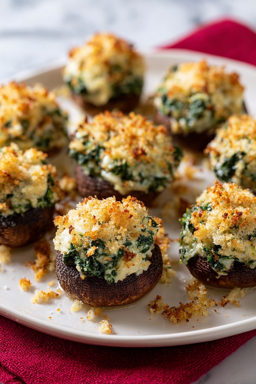 Cheesy Stuffed Mushrooms, stuffed mushroom appetizers, cheesy mushroom recipe, baked stuffed mushrooms, easy mushroom starters - The image shows a close-up of a baked stuffed mushroom on a white plate, placed on a white marbled surface. The bottom layer is a dark brown mushroom cap with a smooth, slightly shiny texture. On top of the mushroom cap is a thick, creamy filling of pale green and white colors, mixed with finely chopped spinach, giving it a textured look. The top layer is golden brown and crispy, made of toasted breadcrumbs scattered over the filling and loosely placed around the mushroom. In the background, there are more stuffed mushrooms softly blurred, and a touch of deep purple fabric is visible near the bottom edge of the image. The photo taken with an iphone --ar 2:3 --v 7
