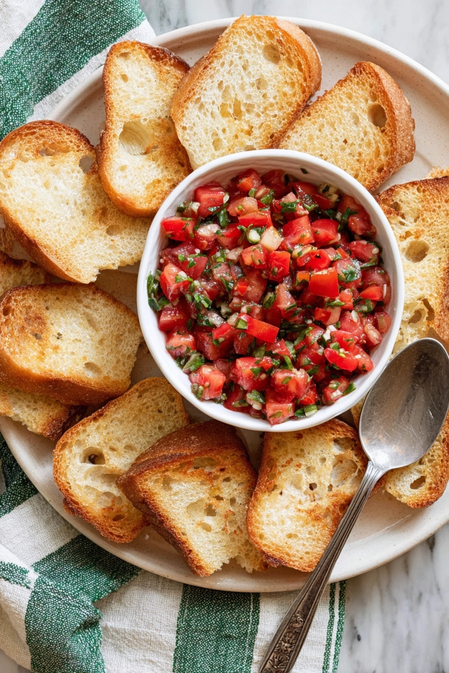 Classic Tomato Bruschetta, Tomato Bruschetta appetizer, easy bruschetta recipe, summer party starters, simple tomato bruschetta - A white round plate sits on a green and white cloth on a white marbled surface. On the plate, there is a small white bowl filled with bright red diced tomatoes mixed with fresh green basil leaves. Surrounding the bowl are eight slices of toasted golden-brown bread, arranged in a fan shape. In the background, there is a white slice of toasted bread topped with the tomato and basil mix. The colors are vibrant with a fresh, rustic feel. Photo taken with an iphone --ar 2:3 --v 7