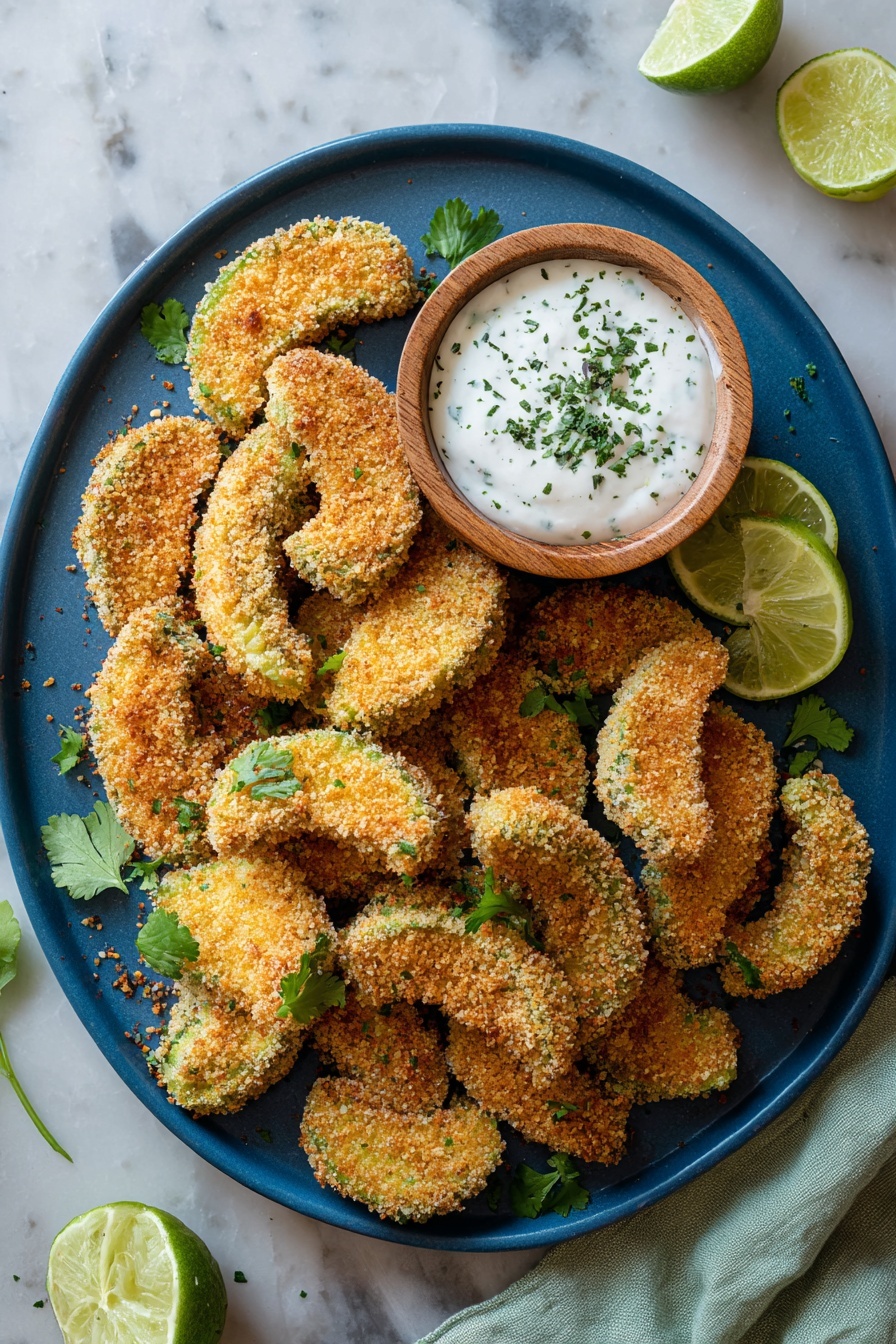 Crispy Avocado Fries with Cilantro Lime Sauce, avocado fry recipe, crispy avocado snacks, healthy avocado appetizers, easy avocado fries - The image shows a dark blue plate filled with many pieces of golden brown crispy avocado slices coated in crunchy breadcrumbs. Each slice is half-moon shaped with a bright green inner layer visible through the crumb coating on the outer layer. There is a small white bowl on the top left corner of the plate filled with white creamy sauce topped with chopped green herbs. The plate rests on a white marbled surface. The photo taken with an iphone --ar 2:3 --v 7